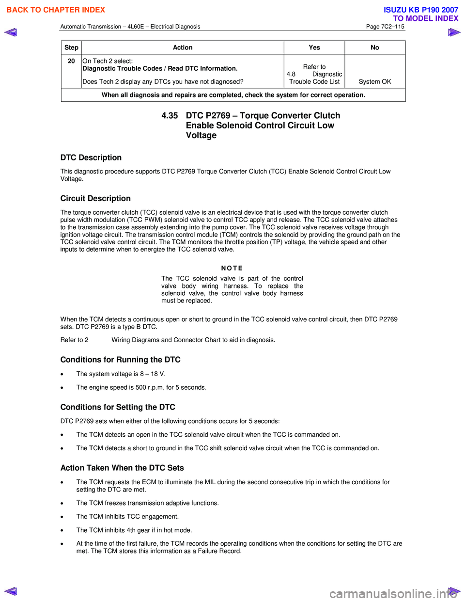ISUZU KB P190 2007  Workshop Repair Manual Automatic Transmission – 4L60E – Electrical Diagnosis  Page 7C2–115 
Step Action  Yes No 
20 On Tech 2 select:  
Diagnostic Trouble Codes / Read DTC Information.   
Does Tech 2 display any DTCs 