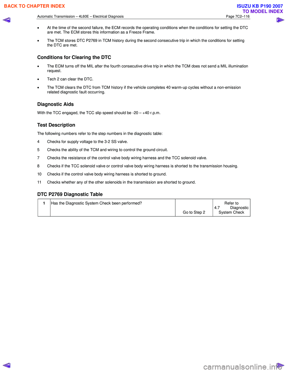 ISUZU KB P190 2007 Workshop Repair Manual Automatic Transmission – 4L60E – Electrical Diagnosis Page 7C2–116
• At the time of the second failure, the ECM records the operating conditions when the conditions for setting the DTC
are ISUZU KB P190 2007 Workshop Repair Manual Automatic Transmission – 4L60E – Electrical Diagnosis Page 7C2–116
• At the time of the second failure, the ECM records the operating conditions when the conditions for setting the DTC
are