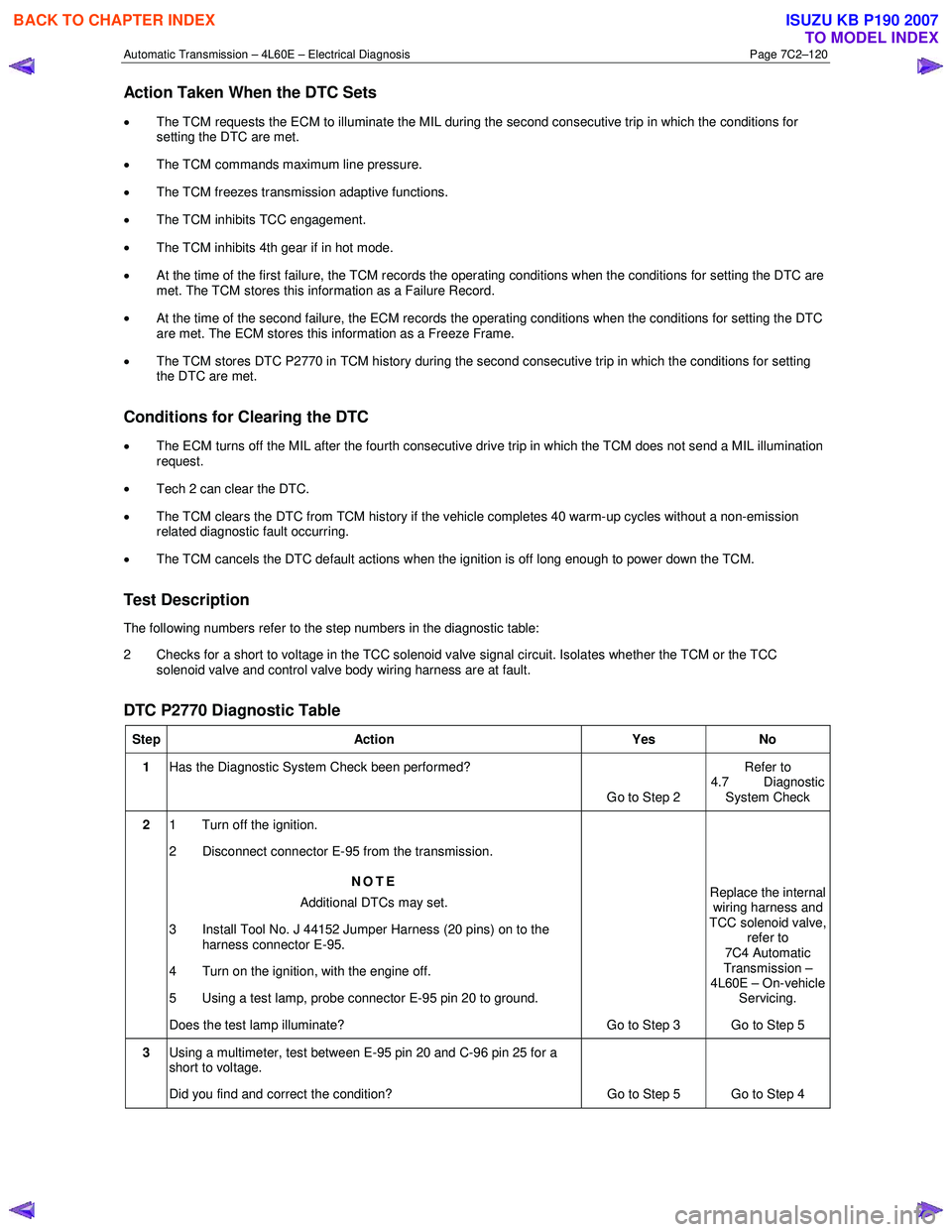 ISUZU KB P190 2007 Workshop Repair Manual Automatic Transmission – 4L60E – Electrical Diagnosis Page 7C2–120
Action Taken When the DTC Sets
• The TCM requests the ECM to illuminate the MIL during the second consecutive trip in whic ISUZU KB P190 2007 Workshop Repair Manual Automatic Transmission – 4L60E – Electrical Diagnosis Page 7C2–120
Action Taken When the DTC Sets
• The TCM requests the ECM to illuminate the MIL during the second consecutive trip in whic
