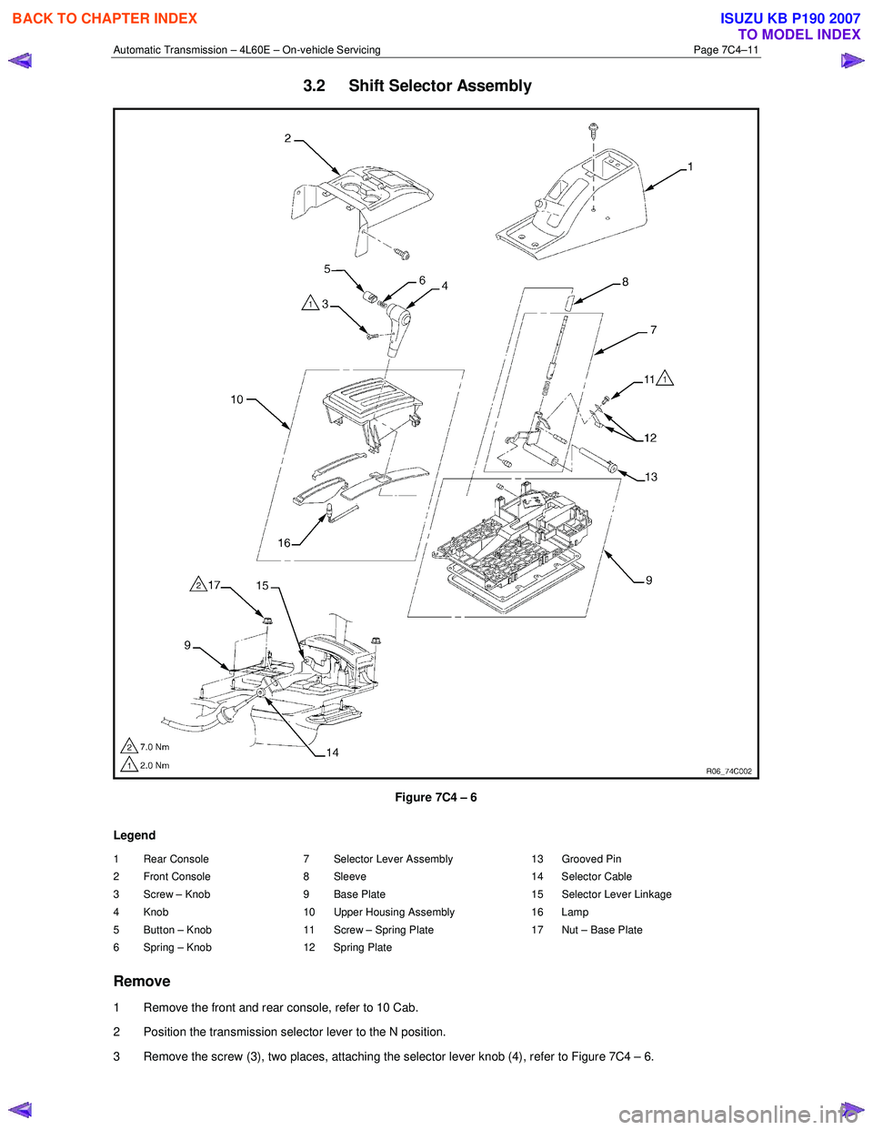 ISUZU KB P190 2007  Workshop Repair Manual Automatic Transmission – 4L60E – On-vehicle Servicing Page 7C4–11 
3.2  Shift Selector Assembly 
 
Figure 7C4 – 6 
Legend 
1 Rear Console  
2 Front Console  
3  Screw – Knob  
4 Knob  
5  Bu