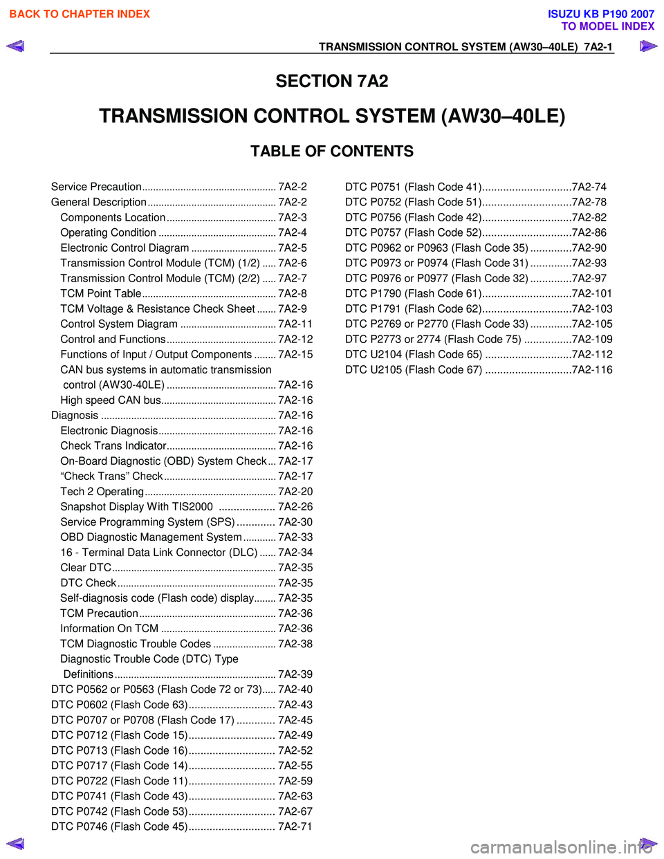ISUZU KB P190 2007  Workshop Repair Manual TRANSMISSION CONTROL SYSTEM (AW30–40LE)  7A2-1 
SECTION 7A2 
TRANSMISSION CONTROL SYSTEM (AW30–40LE)  
TABLE OF CONTENTS 
 
Service Precaution ................................................. 7A2