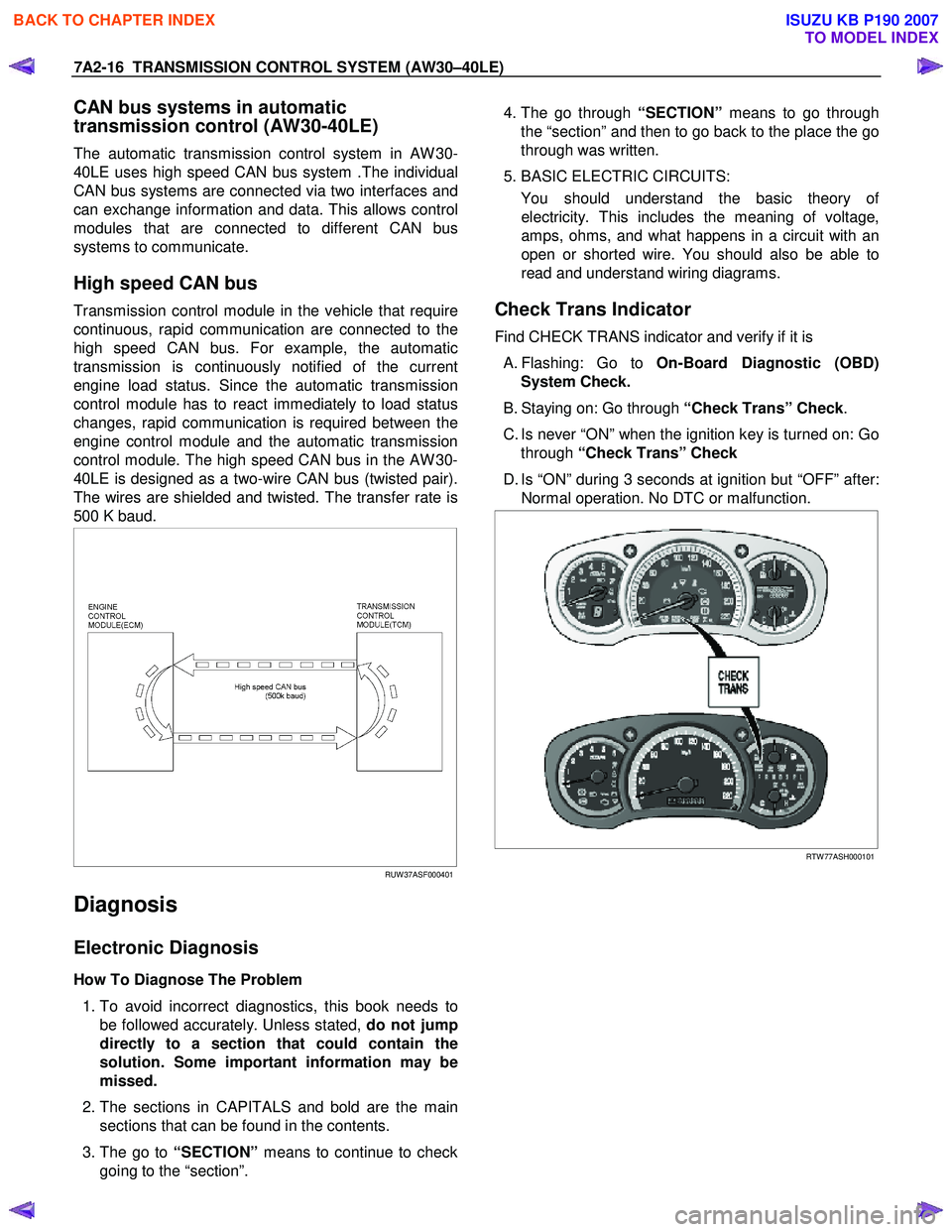 ISUZU KB P190 2007  Workshop Repair Manual 7A2-16  TRANSMISSION CONTROL SYSTEM (AW30–40LE) 
CAN bus systems in automatic  
transmission control (AW30-40LE) 
The automatic transmission control system in AW 30- 
40LE uses high speed CAN bus sy