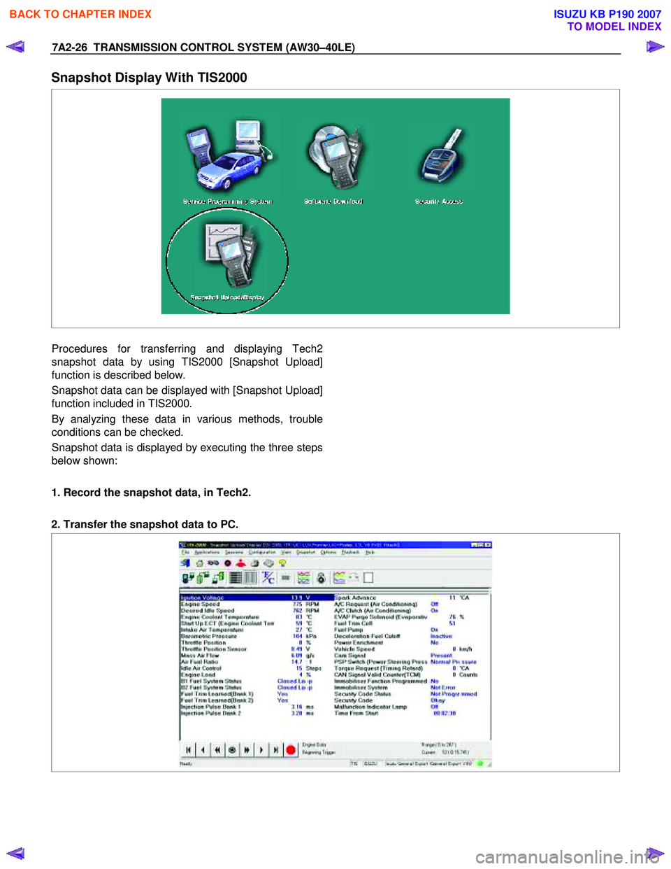 ISUZU KB P190 2007  Workshop Repair Manual 7A2-26  TRANSMISSION CONTROL SYSTEM (AW30–40LE) 
Snapshot Display With TIS2000 
 
 
 
 
 
Procedures for transferring and displaying Tech2 
snapshot data by using TIS2000 [Snapshot Upload]
function 
