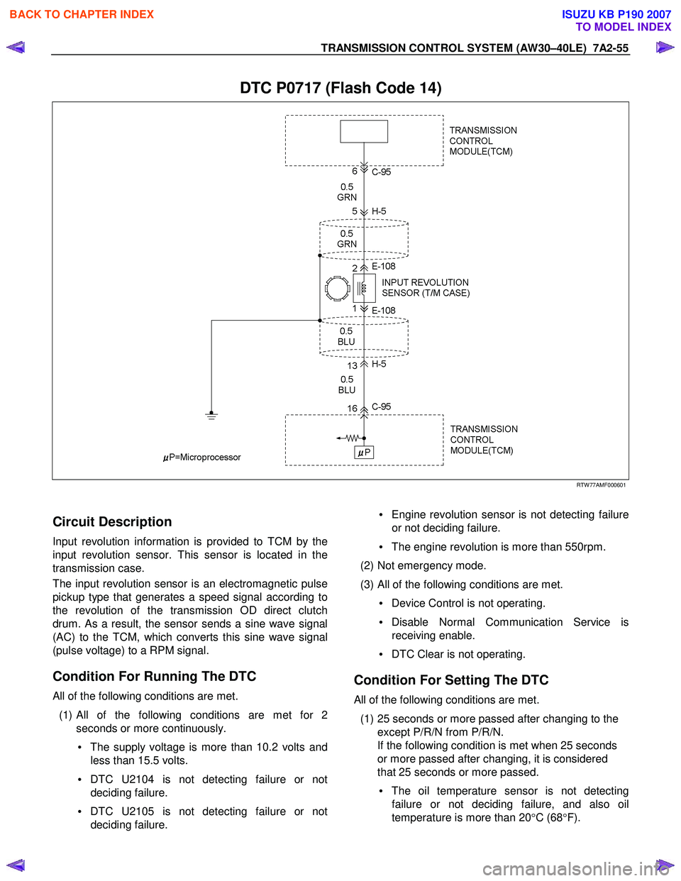 ISUZU KB P190 2007  Workshop Repair Manual TRANSMISSION CONTROL SYSTEM (AW30–40LE)  7A2-55 
 
DTC P0717 (Flash Code 14) 
  
 
 
RTW 77AMF000601 
 
Circuit Description 
Input revolution information is provided to TCM by the 
input revolution 