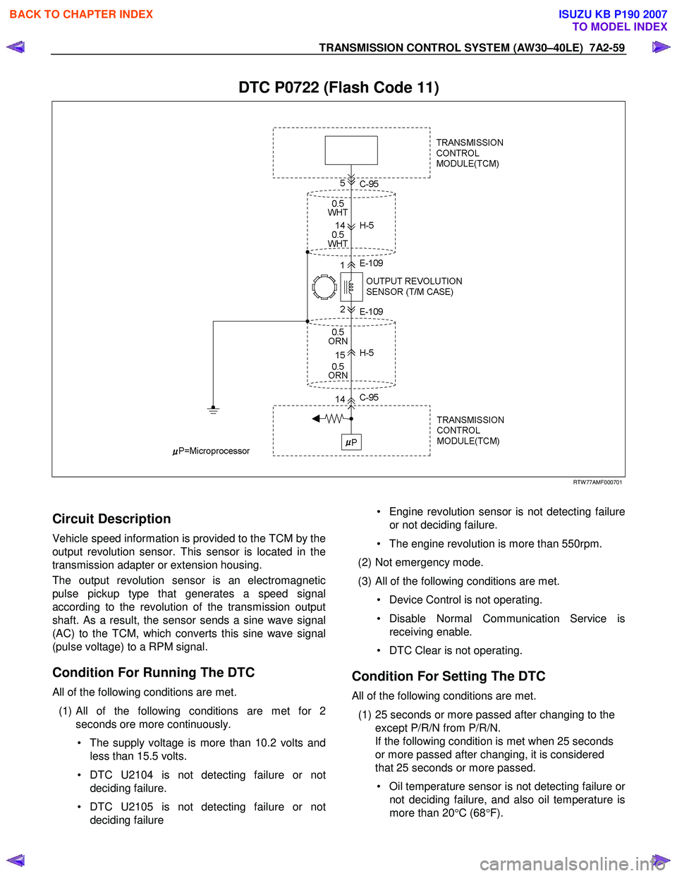 ISUZU KB P190 2007  Workshop Repair Manual TRANSMISSION CONTROL SYSTEM (AW30–40LE)  7A2-59 
 
DTC P0722 (Flash Code 11) 
   
 
 
 
RTW 77AMF000701 
 
Circuit Description 
Vehicle speed information is provided to the TCM by the 
output revolu