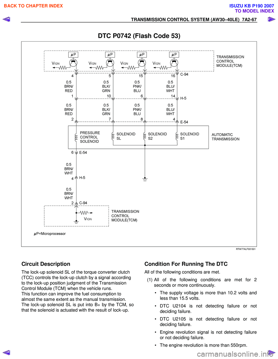 ISUZU KB P190 2007  Workshop Repair Manual TRANSMISSION CONTROL SYSTEM (AW30–40LE)  7A2-67 
 
DTC P0742 (Flash Code 53) 
  
   
 
 
 
 
RTW 77ALF001501 
 
Circuit Description 
The lock-up solenoid SL of the torque converter clutch  
(TCC) co