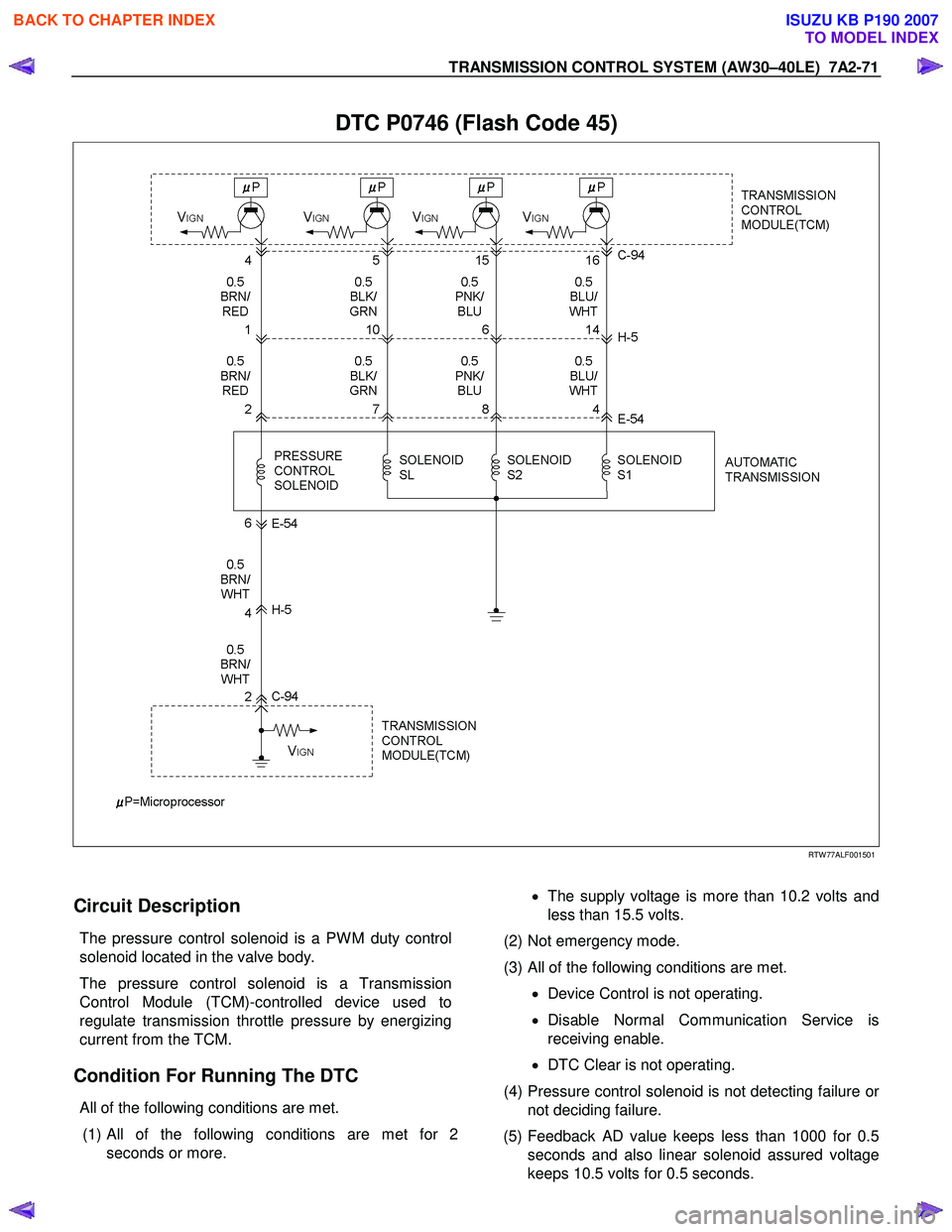 ISUZU KB P190 2007  Workshop Repair Manual TRANSMISSION CONTROL SYSTEM (AW30–40LE)  7A2-71 
 
DTC P0746 (Flash Code 45) 
  
   
 
 
 
 
RTW 77ALF001501 
 
Circuit Description 
The pressure control solenoid is a PW M duty control  
solenoid l