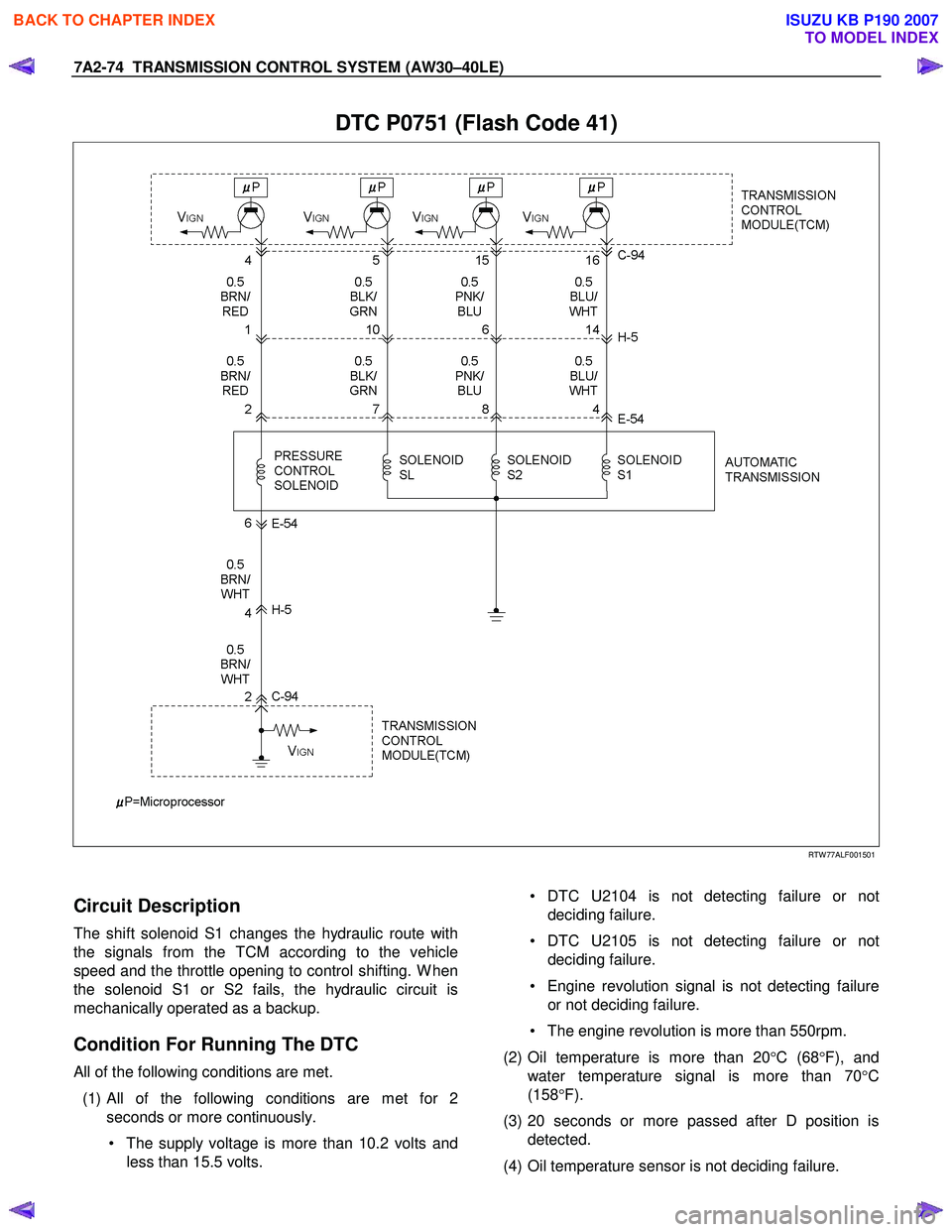 ISUZU KB P190 2007  Workshop Repair Manual 7A2-74  TRANSMISSION CONTROL SYSTEM (AW30–40LE) 
 
DTC P0751 (Flash Code 41) 
  
   
 
 
 
 
RTW 77ALF001501 
 
Circuit Description 
The shift solenoid S1 changes the hydraulic route with 
the signa
