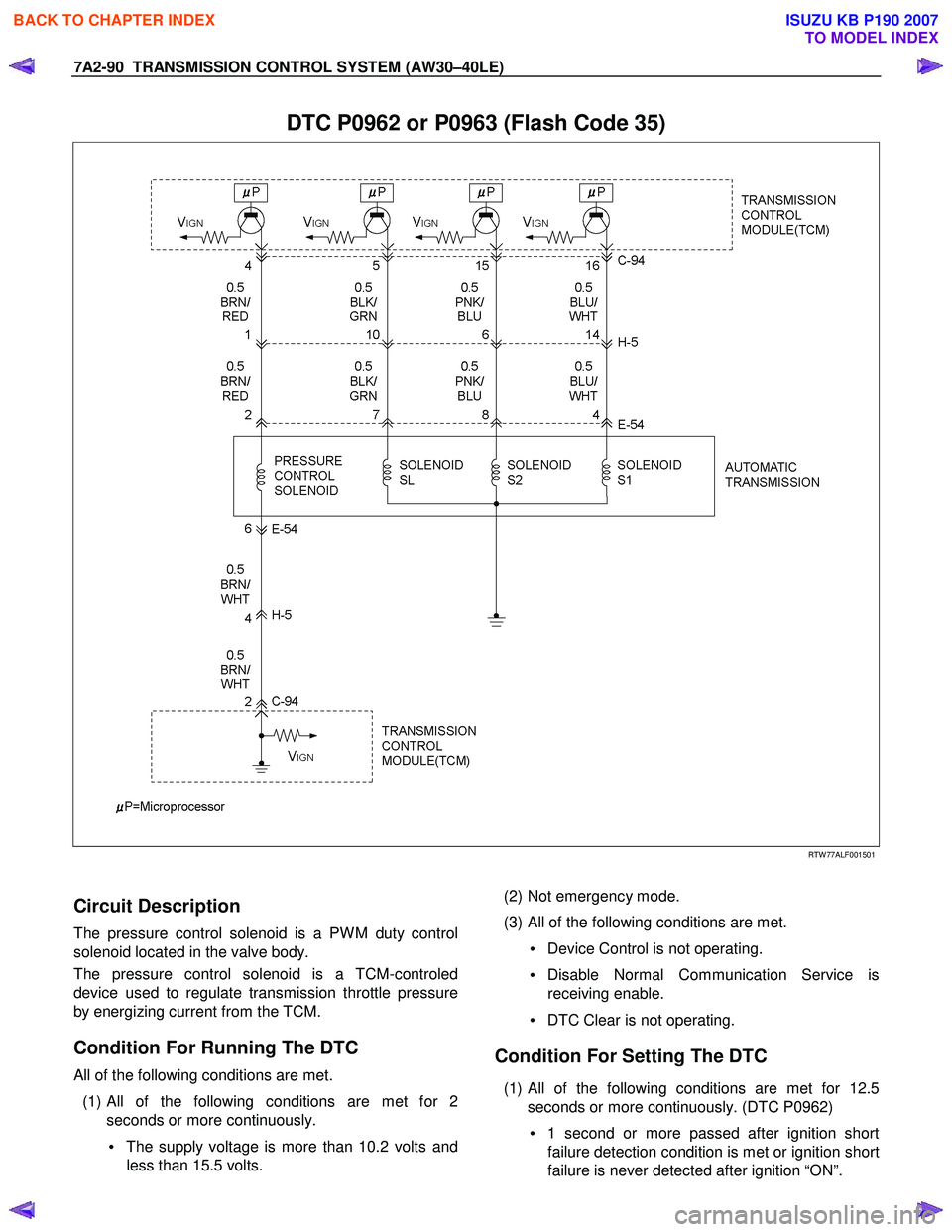 ISUZU KB P190 2007 Workshop Repair Manual 7A2-90 TRANSMISSION CONTROL SYSTEM (AW30–40LE)
DTC P0962 or P0963 (Flash Code 35)
RTW 77ALF001501
Circuit Description
The pressure control solenoid is a PW M duty control
solenoi ISUZU KB P190 2007 Workshop Repair Manual 7A2-90 TRANSMISSION CONTROL SYSTEM (AW30–40LE)
DTC P0962 or P0963 (Flash Code 35)
RTW 77ALF001501
Circuit Description
The pressure control solenoid is a PW M duty control
solenoi