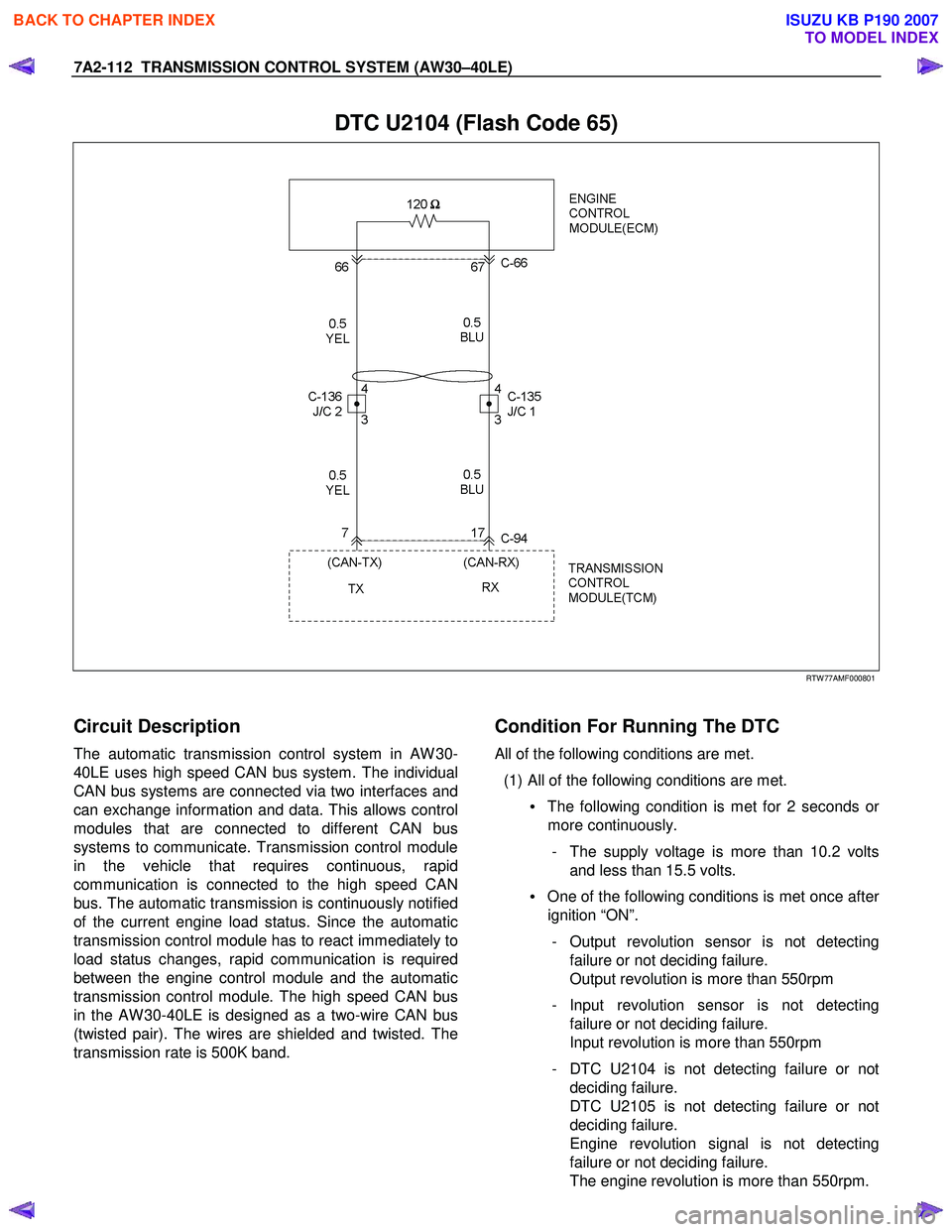 ISUZU KB P190 2007  Workshop Repair Manual 7A2-112  TRANSMISSION CONTROL SYSTEM (AW30–40LE) 
 
DTC U2104 (Flash Code 65) 
   
 
 
 
RTW 77AMF000801 
 
Circuit Description 
The automatic transmission control system in AW 30- 
40LE uses high s