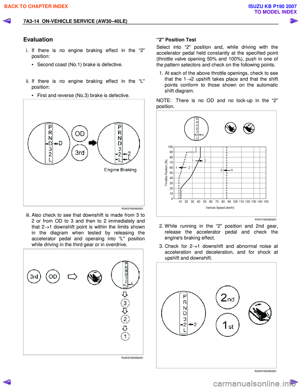 ISUZU KB P190 2007 Workshop Repair Manual 7A3-14 ON-VEHICLE SERVICE (AW30–40LE)
Evaluation
i. If there is no engine braking effect in the “2"
position:
• Second coast (No.1) brake is defective.
ii. If there is no engine braking ISUZU KB P190 2007 Workshop Repair Manual 7A3-14 ON-VEHICLE SERVICE (AW30–40LE)
Evaluation
i. If there is no engine braking effect in the “2"
position:
• Second coast (No.1) brake is defective.
ii. If there is no engine braking