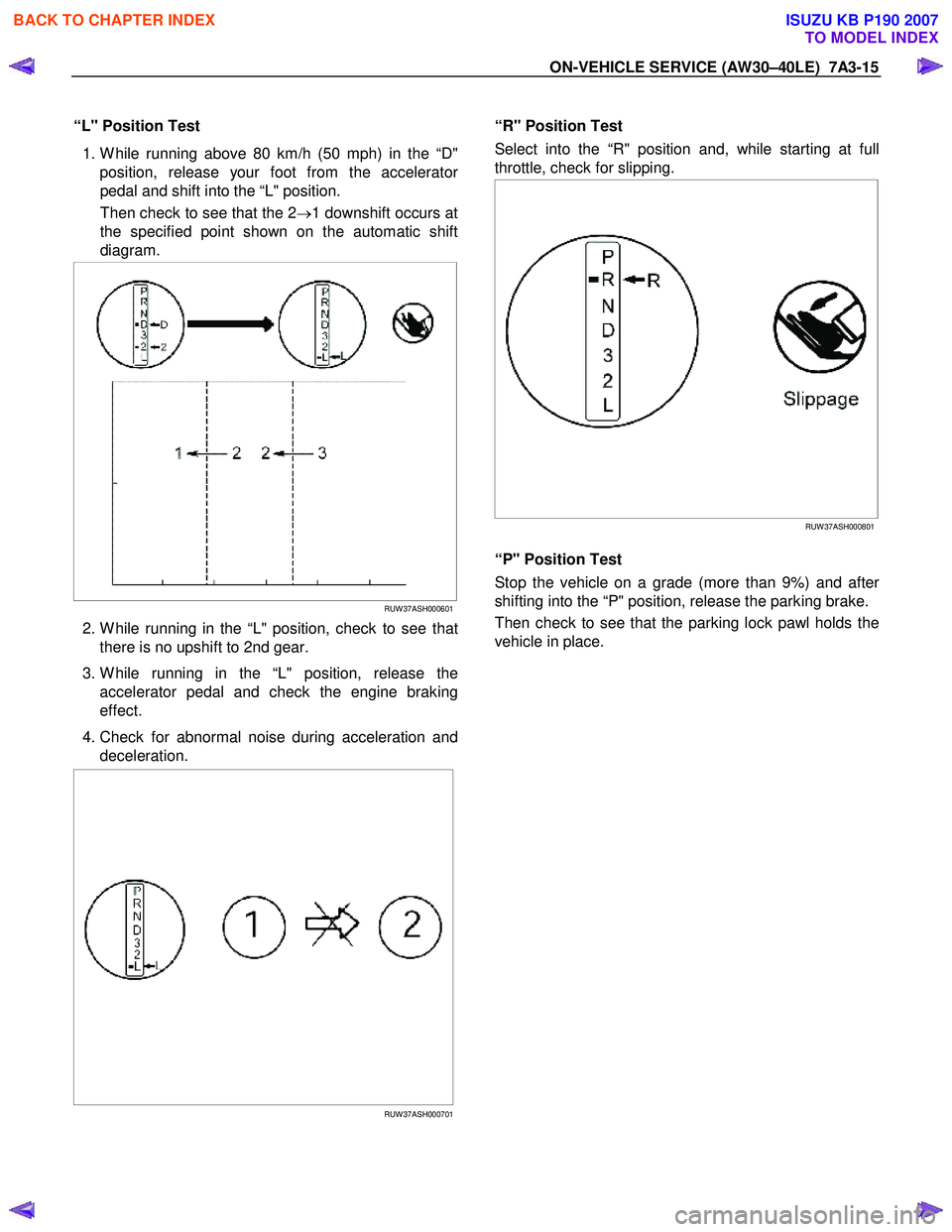 ISUZU KB P190 2007  Workshop Repair Manual ON-VEHICLE SERVICE (AW30–40LE)  7A3-15 
“L" Position Test  
  1. W hile running above 80 km/h (50 mph) in the “D"
position, release your foot from the accelerato
r
pedal and shift into the “L"