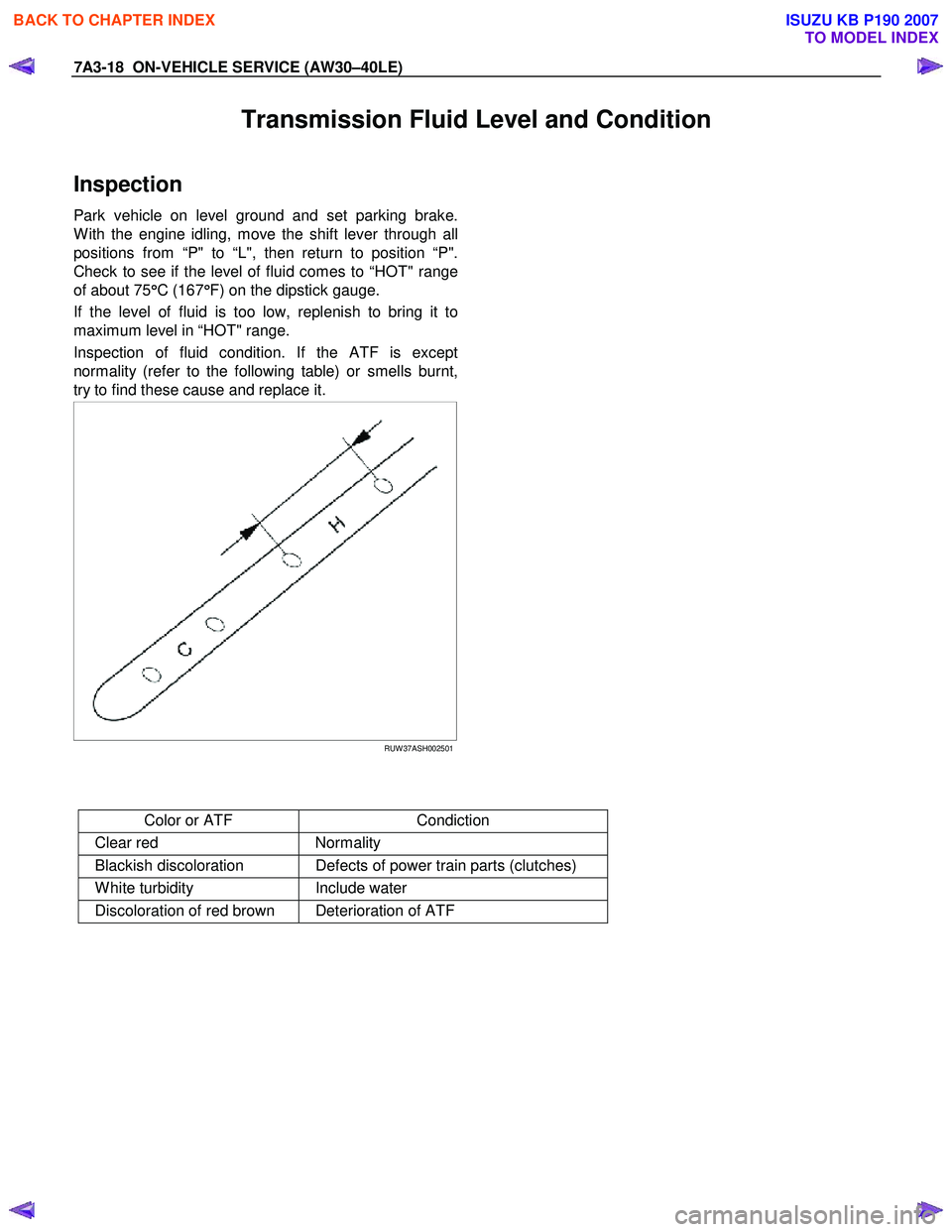 ISUZU KB P190 2007  Workshop Repair Manual 7A3-18  ON-VEHICLE SERVICE (AW30–40LE) 
Transmission Fluid Level and Condition 
Inspection 
Park vehicle on level ground and set parking brake. 
W ith the engine idling, move the shift lever through