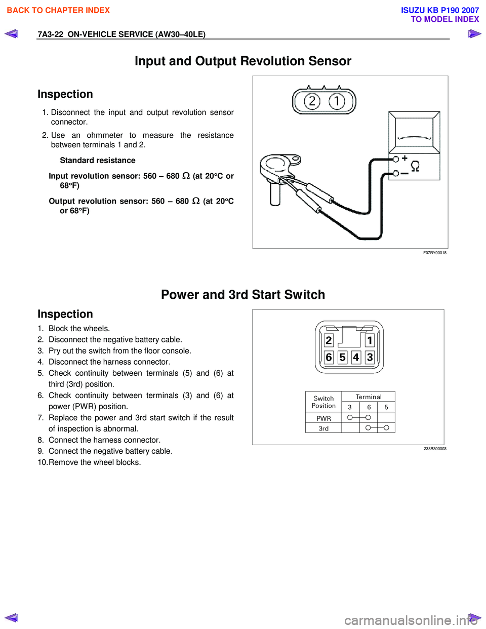 ISUZU KB P190 2007  Workshop Repair Manual 7A3-22  ON-VEHICLE SERVICE (AW30–40LE) 
Input and Output Revolution Sensor 
Inspection 
 1. Disconnect the input and output revolution sensor
connector. 
 2. Use an ohmmeter to measure the resistanc