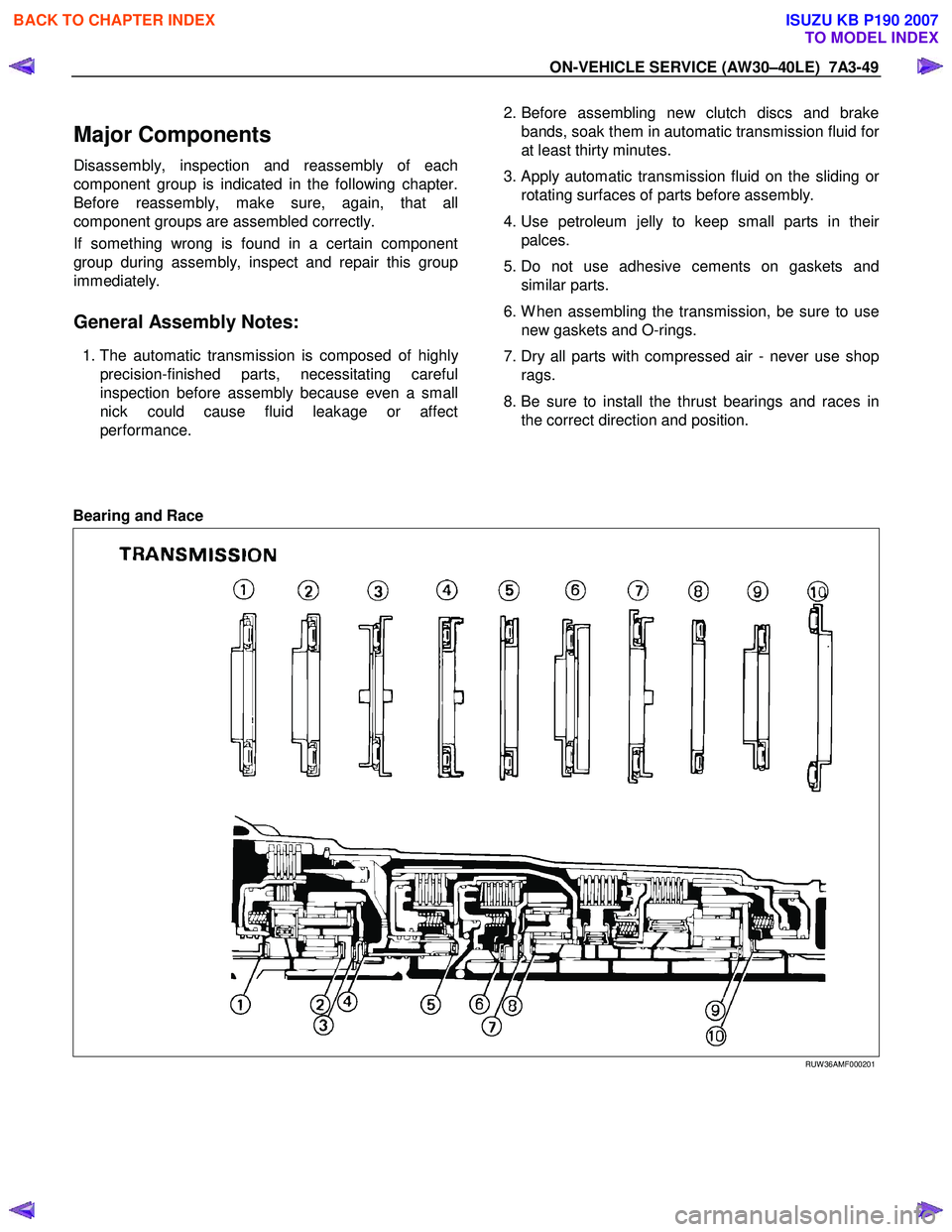 ISUZU KB P190 2007  Workshop Repair Manual ON-VEHICLE SERVICE (AW30–40LE)  7A3-49 
Major Components 
Disassembly, inspection and reassembly of each 
component group is indicated in the following chapter.
Before reassembly, make sure, again, 