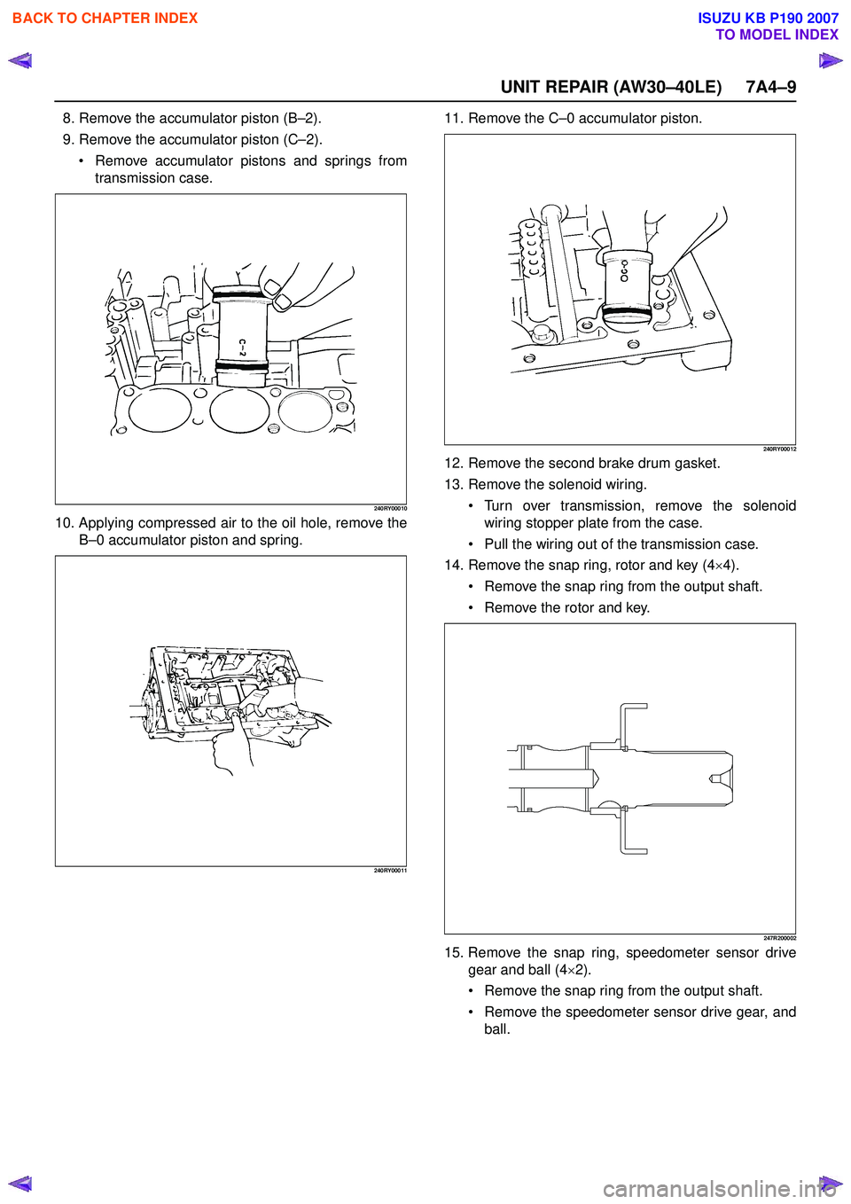 ISUZU KB P190 2007  Workshop Repair Manual UNIT REPAIR (AW30–40LE) 7A4–9
8. Remove the accumulator piston (B–2).
9. Remove the accumulator piston (C –2).
 Remove accumulator pistons and springs from 
transmission case.
240RY00010
10. 
