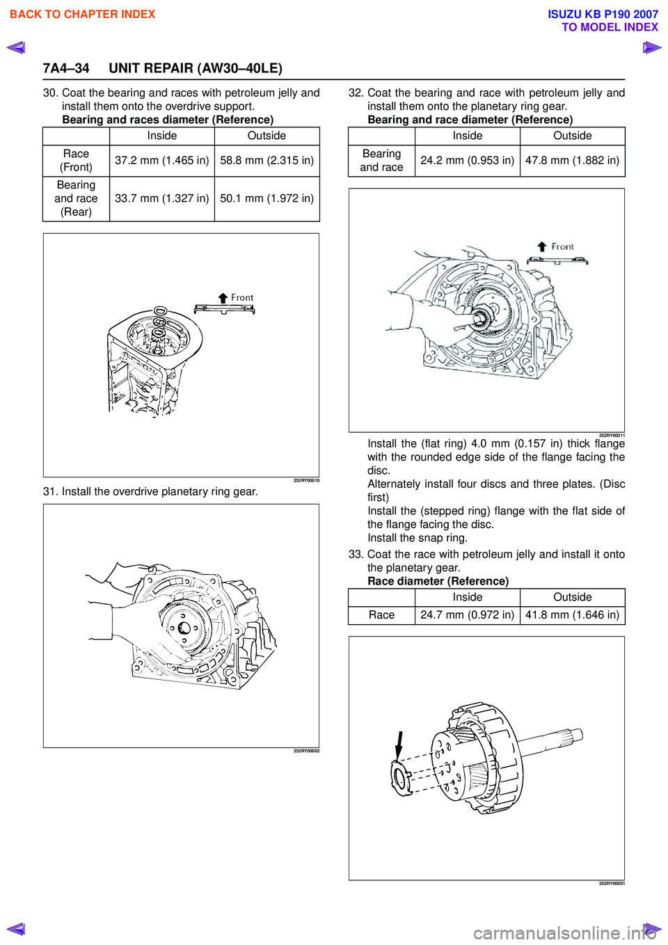 ISUZU KB P190 2007 Workshop Repair Manual 7A4–34 UNIT REPAIR (AW30–40LE)
30. Coat the bearing and races with petroleum jelly andinstall them onto the overdrive support.
Bearing and races diameter (Reference)
252RY00010
31. Install the ov ISUZU KB P190 2007 Workshop Repair Manual 7A4–34 UNIT REPAIR (AW30–40LE)
30. Coat the bearing and races with petroleum jelly andinstall them onto the overdrive support.
Bearing and races diameter (Reference)
252RY00010
31. Install the ov