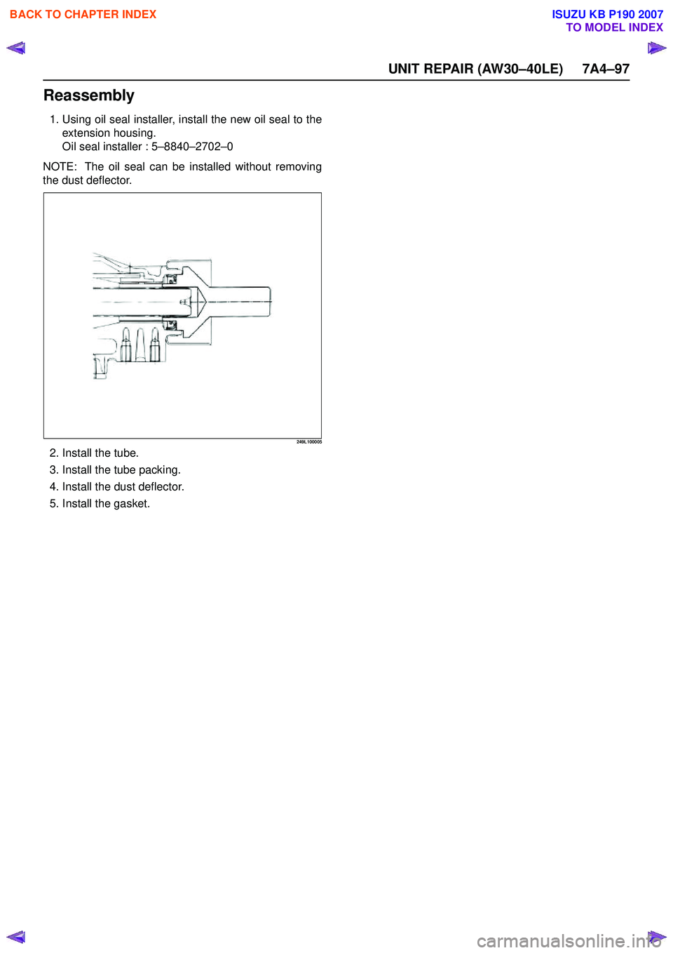 ISUZU KB P190 2007  Workshop Repair Manual UNIT REPAIR (AW30–40LE) 7A4–97
Reassembly
1. Using oil seal installer, install the new oil seal to theextension housing. 
Oil seal installer : 5 –8840 –2702 –0
NOTE:  The oil seal can be ins