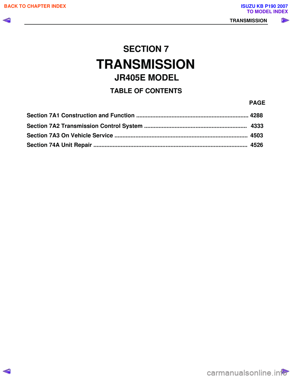 ISUZU KB P190 2007  Workshop Repair Manual Section 7A1 Construction and Function ...................................................................... 4288                                                                     PAGE 
Section 7A2 