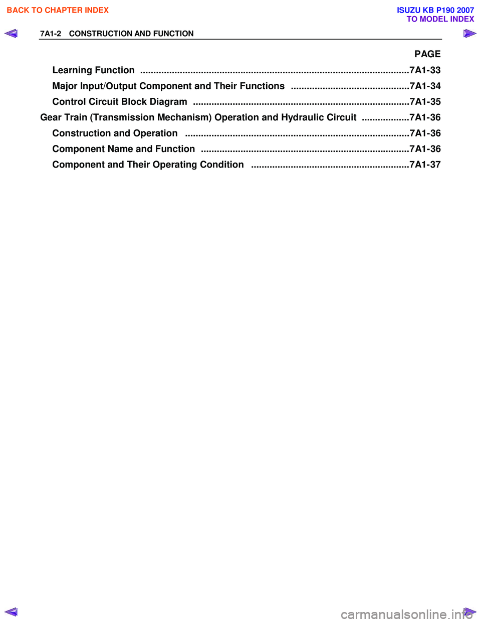ISUZU KB P190 2007  Workshop Repair Manual 7A1-2  CONSTRUCTION AND FUNCTION 
 PAGE 
Learning Function  ......................................................................................................7A1- 33  
Major Input/Output Component