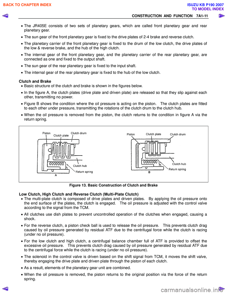 ISUZU KB P190 2007 Workshop Repair Manual CONSTRUCTION AND FUNCTION 7A1-11
• The JR405E consists of two sets of planetary gears, which are called front planetary gear and rear
planetary gear.
• The sun gear of the front planetary ISUZU KB P190 2007 Workshop Repair Manual CONSTRUCTION AND FUNCTION 7A1-11
• The JR405E consists of two sets of planetary gears, which are called front planetary gear and rear
planetary gear.
• The sun gear of the front planetary