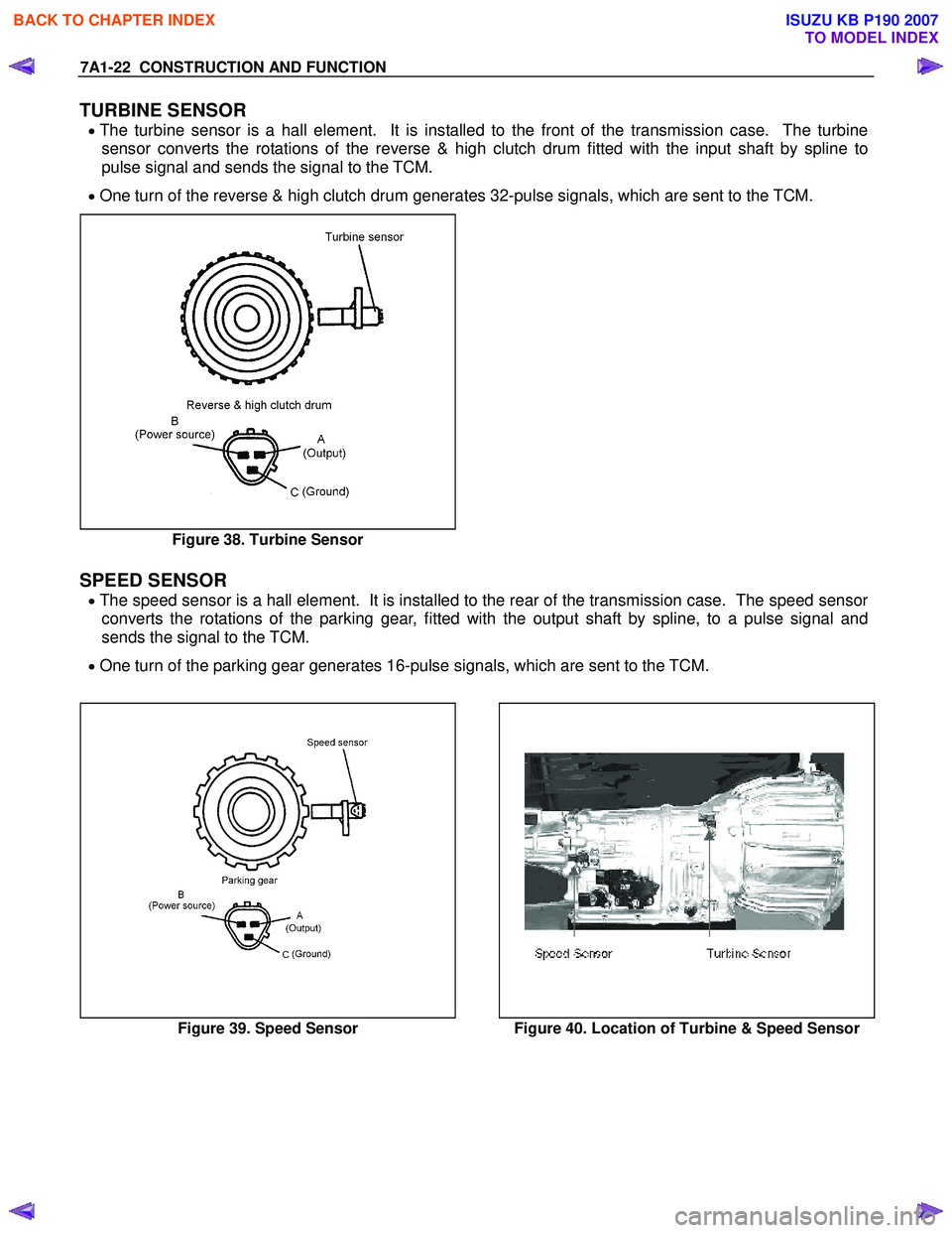 ISUZU KB P190 2007  Workshop Repair Manual 7A1-22  CONSTRUCTION AND FUNCTION 
TURBINE SENSOR 
• The turbine sensor is a hall element.  It is installed to the front of the transmission case.  The turbine 
sensor converts the rotations of the 