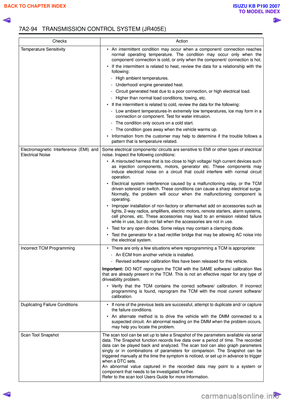 ISUZU KB P190 2007  Workshop Repair Manual 7A2-94   TRANSMISSION CONTROL SYSTEM (JR405E)
Temperature Sensitivity• An intermittent condition may occur when a component/ connection reaches
normal operating temperature. The condition may occur 