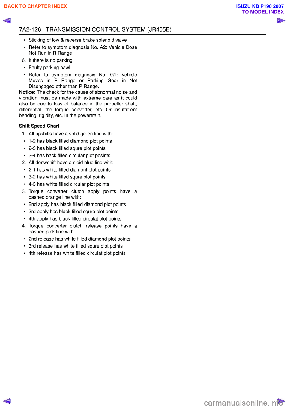 ISUZU KB P190 2007 Workshop Repair Manual 7A2-126 TRANSMISSION CONTROL SYSTEM (JR405E)
• Sticking of low & reverse brake solenoid valve
• Refer to symptom diagnosis No. A2: Vehicle Dose Not Run in R Range
6. If there is no parking. • ISUZU KB P190 2007 Workshop Repair Manual 7A2-126 TRANSMISSION CONTROL SYSTEM (JR405E)
• Sticking of low & reverse brake solenoid valve
• Refer to symptom diagnosis No. A2: Vehicle Dose Not Run in R Range
6. If there is no parking. •