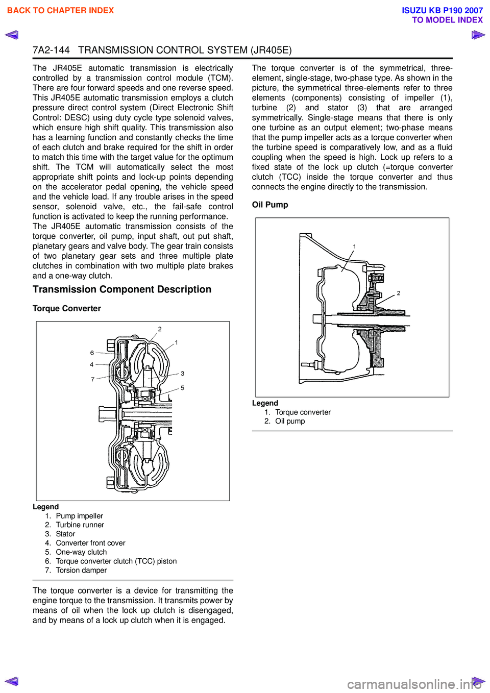 ISUZU KB P190 2007  Workshop Repair Manual 7A2-144   TRANSMISSION CONTROL SYSTEM (JR405E)
The JR405E automatic transmission is electrically 
controlled by a transmission control module (TCM).
There are four forward speeds and one reverse speed