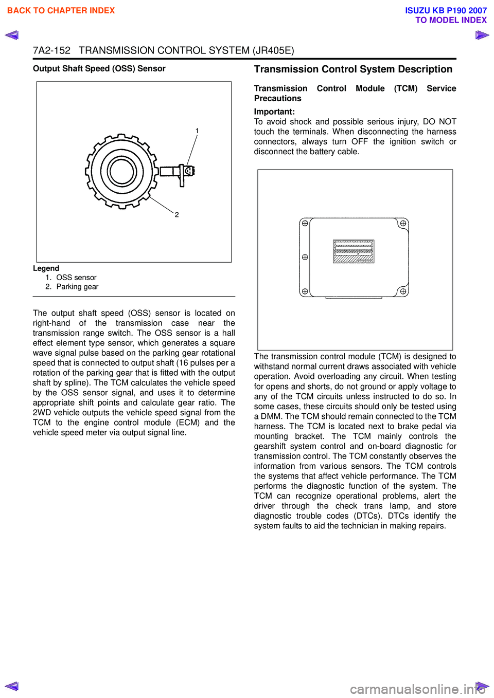 ISUZU KB P190 2007  Workshop Repair Manual 7A2-152   TRANSMISSION CONTROL SYSTEM (JR405E)
Output Shaft Speed (OSS) Sensor
Legend1. OSS sensor 
2. Parking gear 
The output shaft speed (OSS) sensor is located on 
right-hand of the transmission c