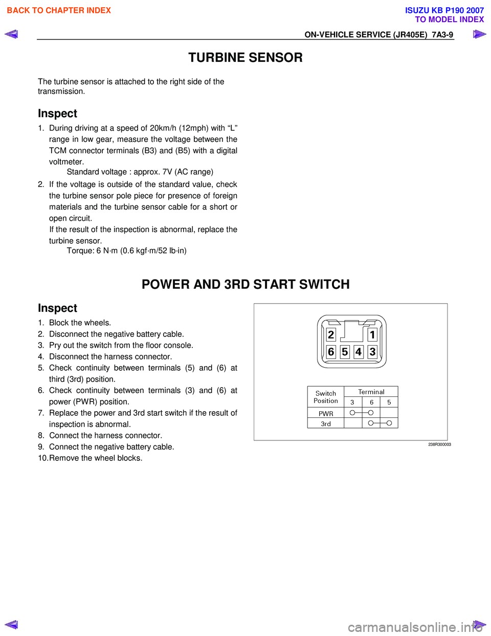 ISUZU KB P190 2007  Workshop Repair Manual ON-VEHICLE SERVICE (JR405E)  7A3-9 
TURBINE SENSOR 
The turbine sensor is attached to the right side of the  
transmission.  
 
Inspect 
1.  During driving at a speed of 20km/h (12mph) with “L” ra
