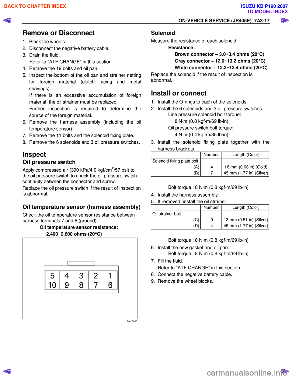 ISUZU KB P190 2007  Workshop Repair Manual ON-VEHICLE SERVICE (JR405E)  7A3-17 
Remove or Disconnect 
1.  Block the wheels.  
2.  Disconnect the negative battery cable. 
3.  Drain the fluid. 
  Refer to “ATF CHANGE” in this section. 
4.  R
