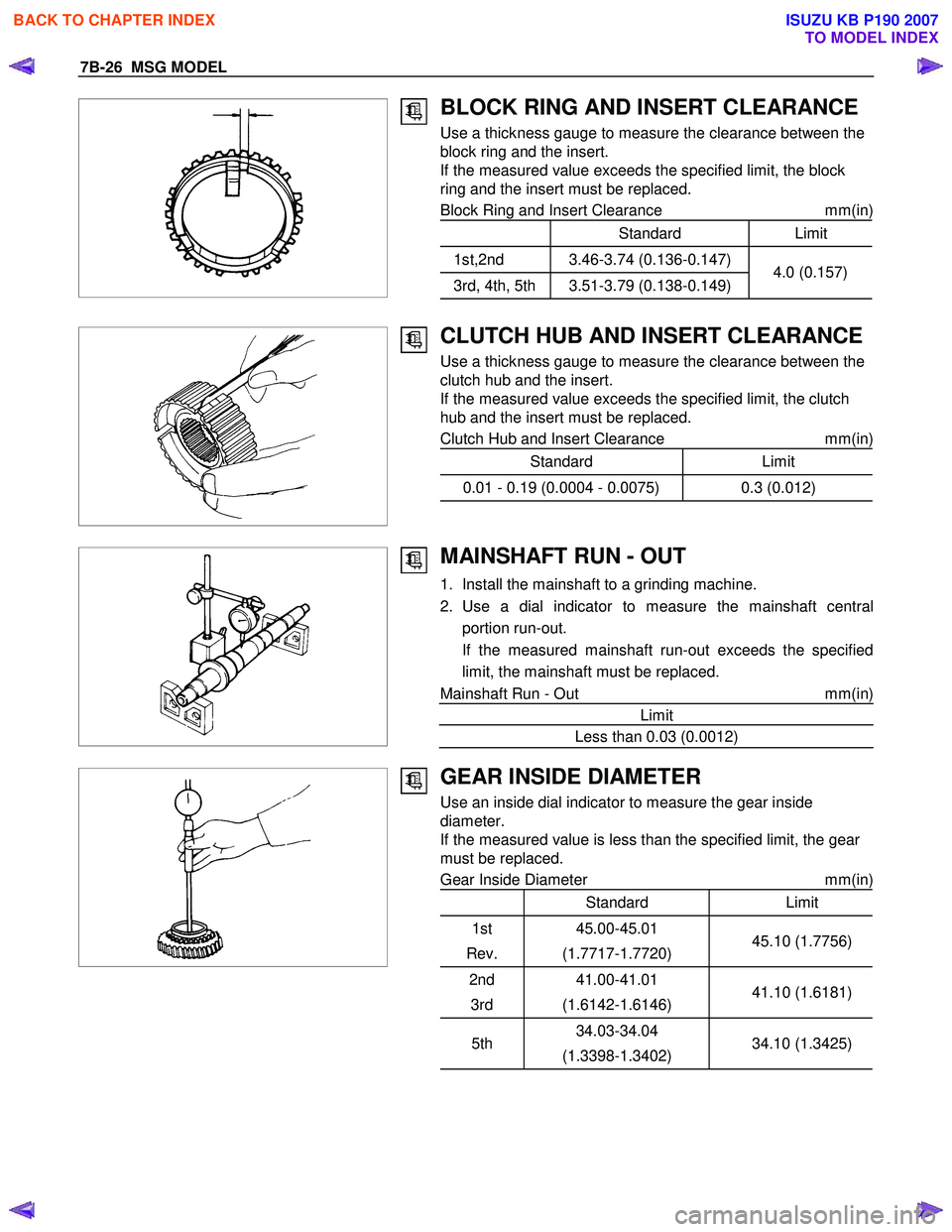 ISUZU KB P190 2007 Workshop Repair Manual 7B-26 MSG MODEL
BLOCK RING AND INSERT CLEARANCE
Use a thickness gauge to measure the clearance between the
block ring and the insert.
If the measured value exceeds the specified limit, t ISUZU KB P190 2007 Workshop Repair Manual 7B-26 MSG MODEL
BLOCK RING AND INSERT CLEARANCE
Use a thickness gauge to measure the clearance between the
block ring and the insert.
If the measured value exceeds the specified limit, t