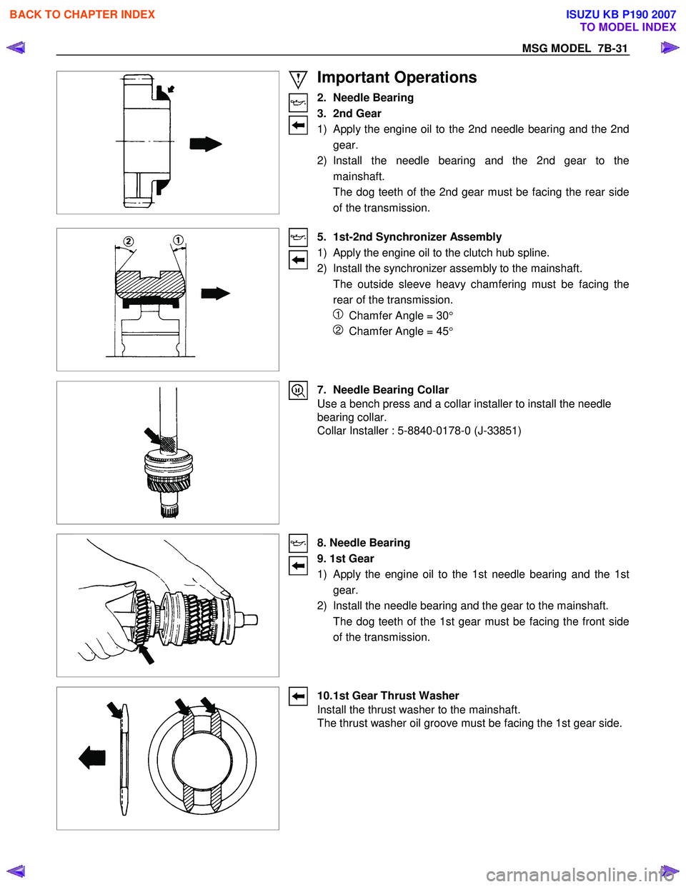 ISUZU KB P190 2007 Workshop Repair Manual MSG MODEL 7B-31
Important Operations
2. Needle Bearing
3. 2nd Gear
1) Apply the engine oil to the 2nd needle bearing and the 2nd gear.
2) Install the needle bearing and the 2nd gear t ISUZU KB P190 2007 Workshop Repair Manual MSG MODEL 7B-31
Important Operations
2. Needle Bearing
3. 2nd Gear
1) Apply the engine oil to the 2nd needle bearing and the 2nd gear.
2) Install the needle bearing and the 2nd gear t