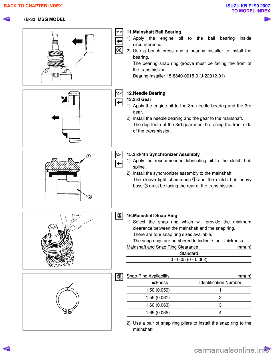 ISUZU KB P190 2007 Workshop Repair Manual 7B-32 MSG MODEL
11. Mainshaft Ball Bearing
1) Apply the engine oil to the ball bearing inside circumference.
2) Use a bench press and a bearing installer to install the bearing.
T ISUZU KB P190 2007 Workshop Repair Manual 7B-32 MSG MODEL
11. Mainshaft Ball Bearing
1) Apply the engine oil to the ball bearing inside circumference.
2) Use a bench press and a bearing installer to install the bearing.
T
