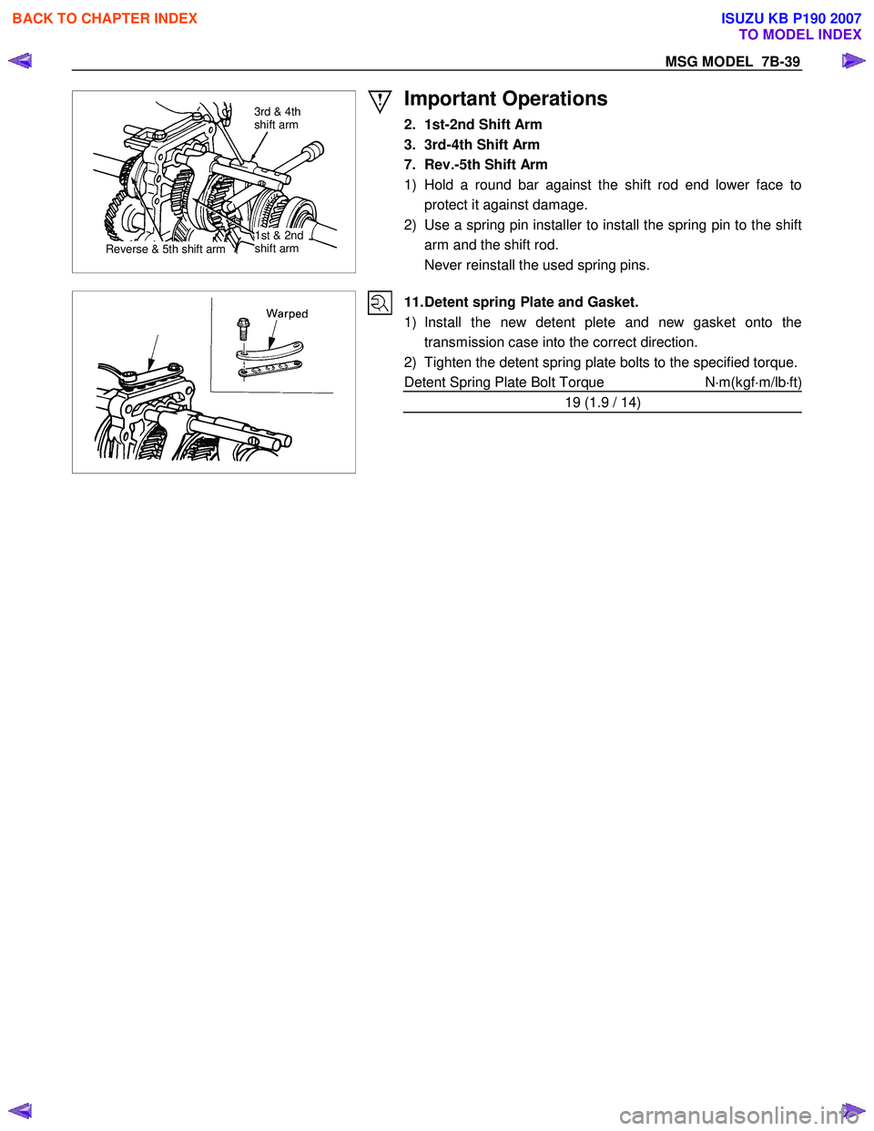 ISUZU KB P190 2007  Workshop Repair Manual MSG MODEL  7B-39 
 
 
 
3rd & 4th  
shift arm 
1st & 2nd 
shift arm Reverse & 5th shift arm 
Important Operations 
2.  1st-2nd Shift Arm  
3.  3rd-4th Shift Arm 
7.  Rev.-5th Shift Arm 
1) Hold a roun