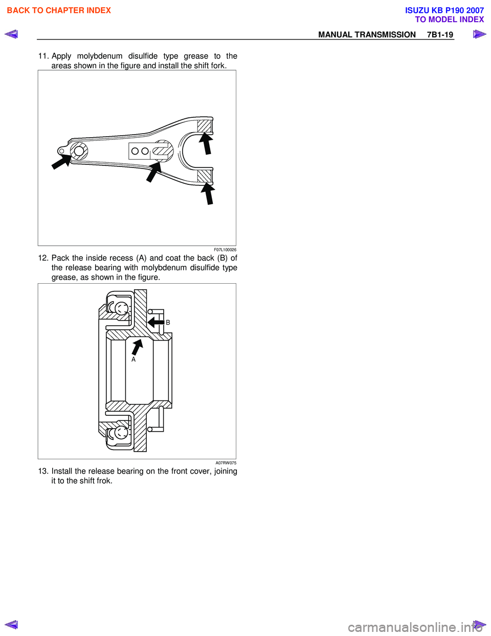 ISUZU KB P190 2007  Workshop Repair Manual MANUAL TRANSMISSION     7B1-19 
 11. Apply molybdenum disulfide type grease to the
areas shown in the figure and install the shift fork. 
F07L100026
12. Pack the inside recess (A) and coat the back (B