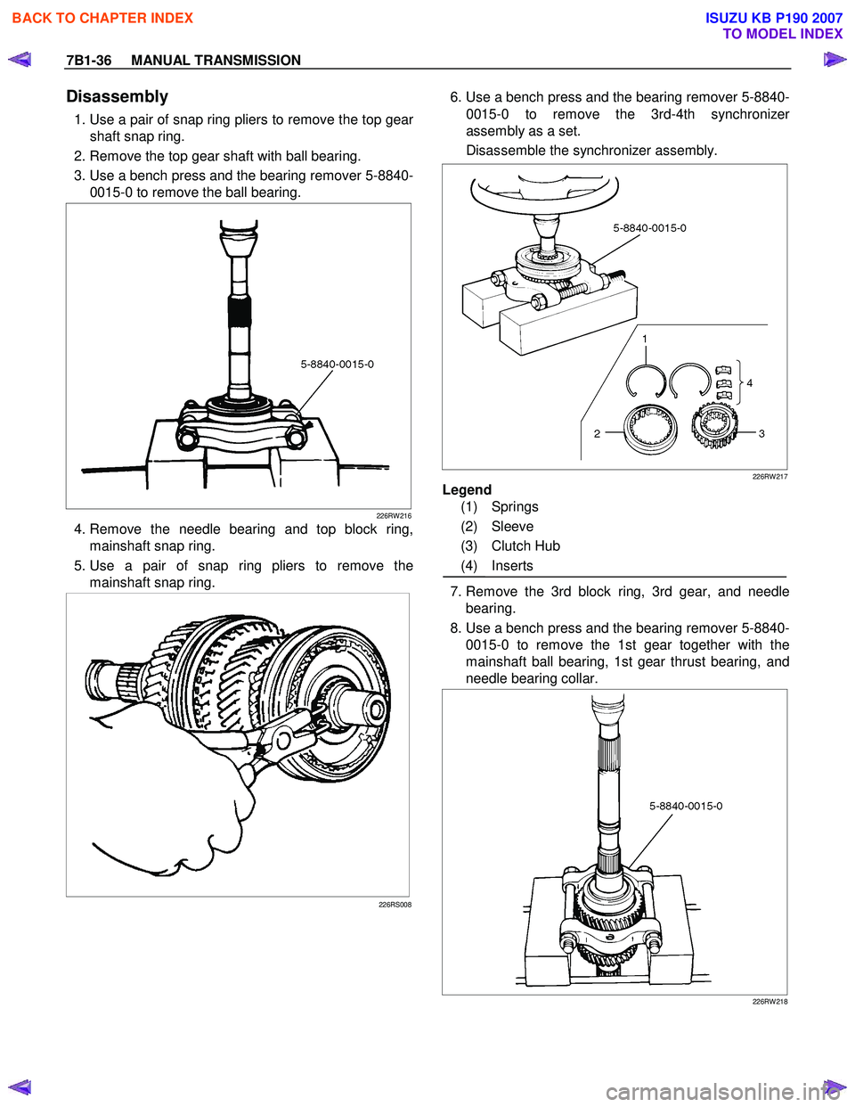 ISUZU KB P190 2007  Workshop Repair Manual 7B1-36     MANUAL TRANSMISSION 
Disassembly 
  1. Use a pair of snap ring pliers to remove the top gear
shaft snap ring. 
  2. Remove the top gear shaft with ball bearing.  
  3. Use a bench press and