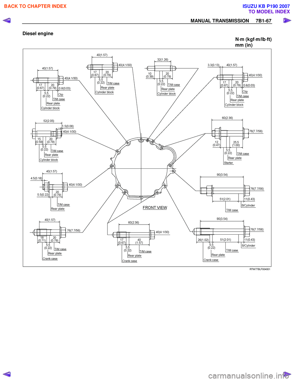 ISUZU KB P190 2007  Workshop Repair Manual MANUAL TRANSMISSION     7B1-67 
Diesel engine 
N⋅
⋅⋅ 
⋅
m (kgf ⋅
⋅⋅
⋅
m/lb ⋅
⋅⋅
⋅
ft) 
  mm (in) 
 
   
RTW 77BLF004001 
 
BACK TO CHAPTER INDEX
TO MODEL INDEX
ISUZU KB P190 20