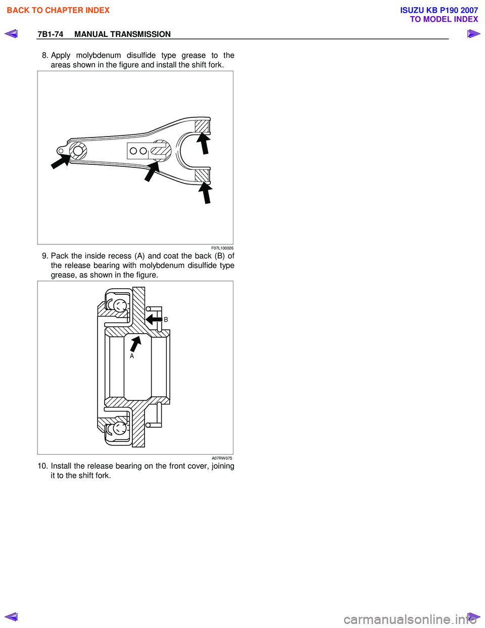 ISUZU KB P190 2007  Workshop Repair Manual 7B1-74     MANUAL TRANSMISSION 
 8. Apply molybdenum disulfide type grease to the
areas shown in the figure and install the shift fork.  
F07L100026
  9. Pack the inside recess (A) and coat the back (
