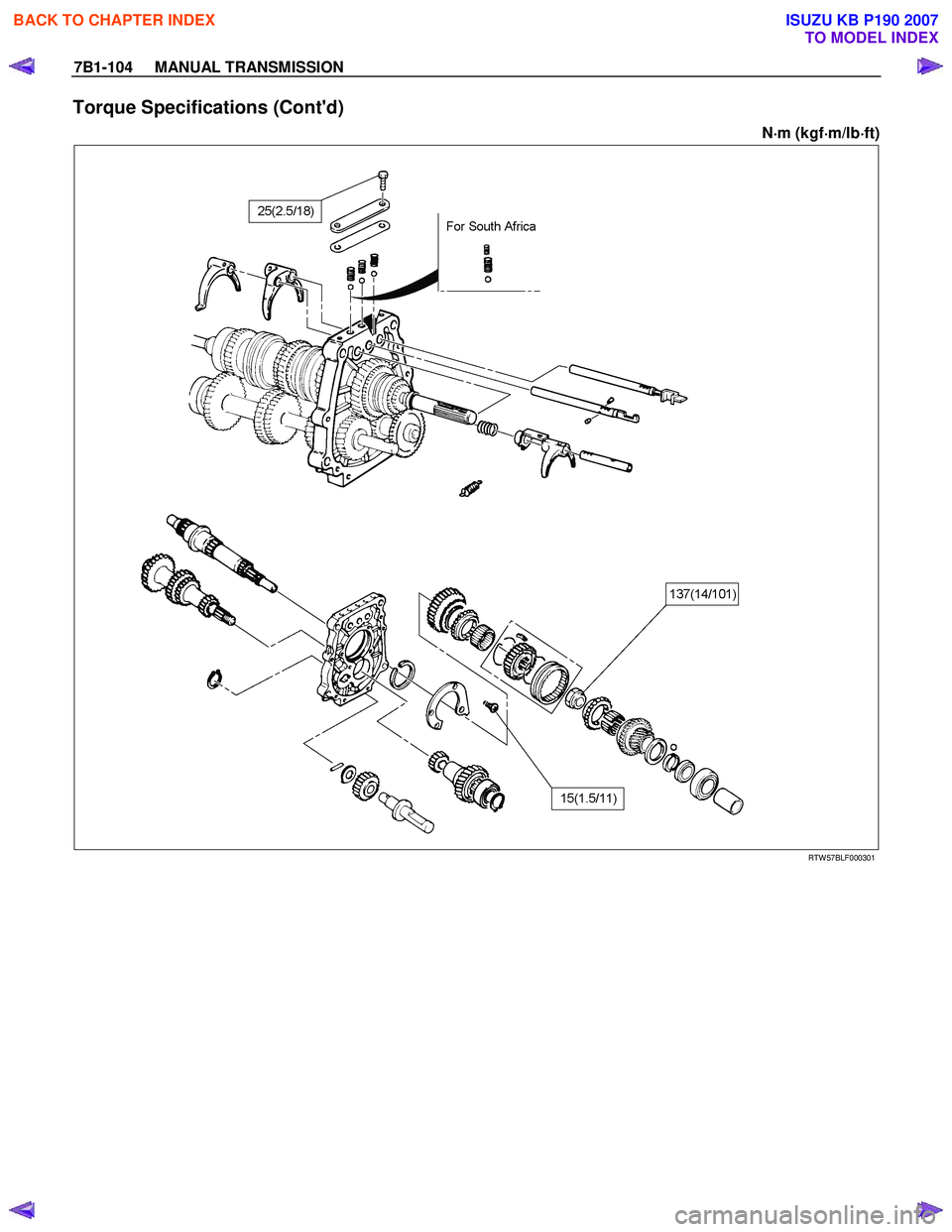 ISUZU KB P190 2007  Workshop Repair Manual 7B1-104     MANUAL TRANSMISSION 
Torque Specifications (Contd) 
N⋅
⋅⋅ 
⋅
m (kgf ⋅
⋅⋅
⋅
m/lb ⋅
⋅⋅
⋅
ft) 
 
 
 
 RTW 57BLF000301 
 
 
BACK TO CHAPTER INDEX
TO MODEL INDEX
ISUZU 