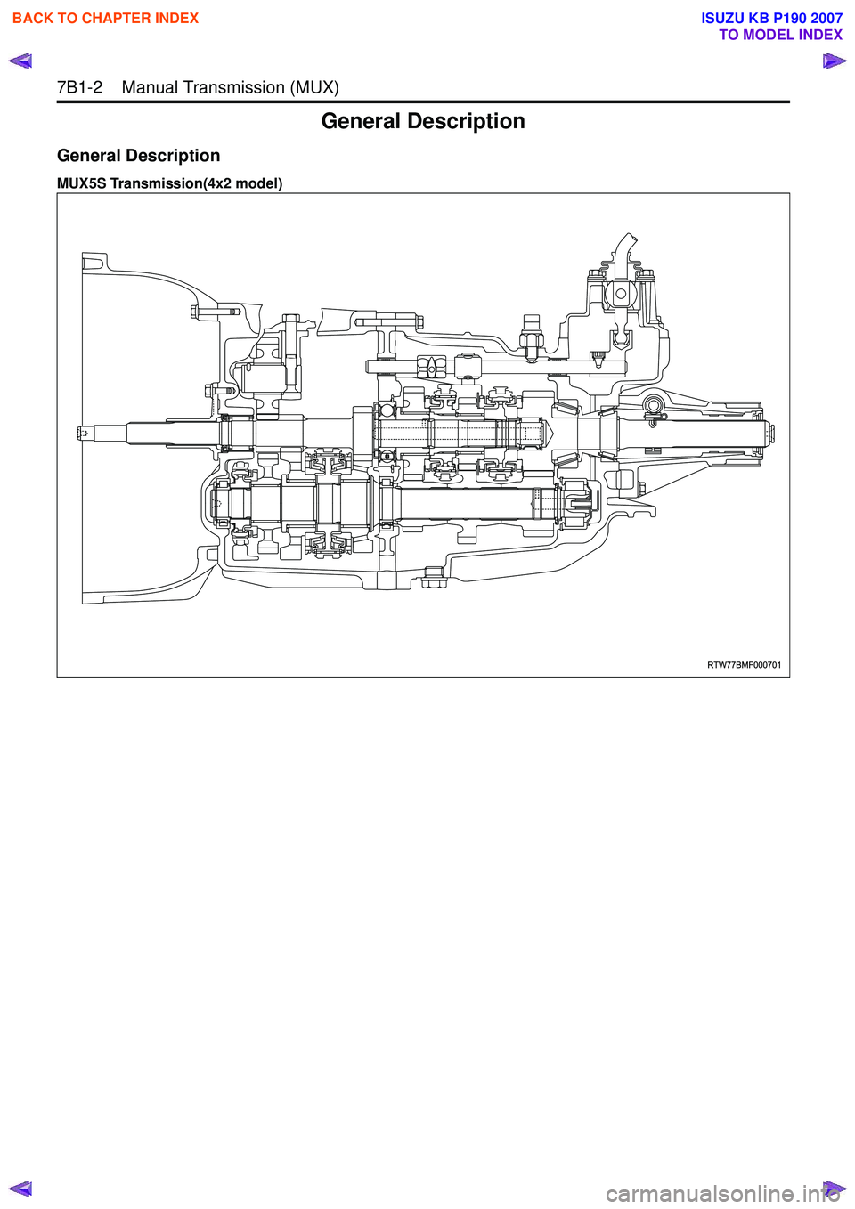 ISUZU KB P190 2007  Workshop Repair Manual 7B1-2    Manual Transmission (MUX) 
General Description
General Description
MUX5S Transmission(4x2 model)
RTW77BMF000701
 
BACK TO CHAPTER INDEX
TO MODEL INDEX
ISUZU KB P190 2007 