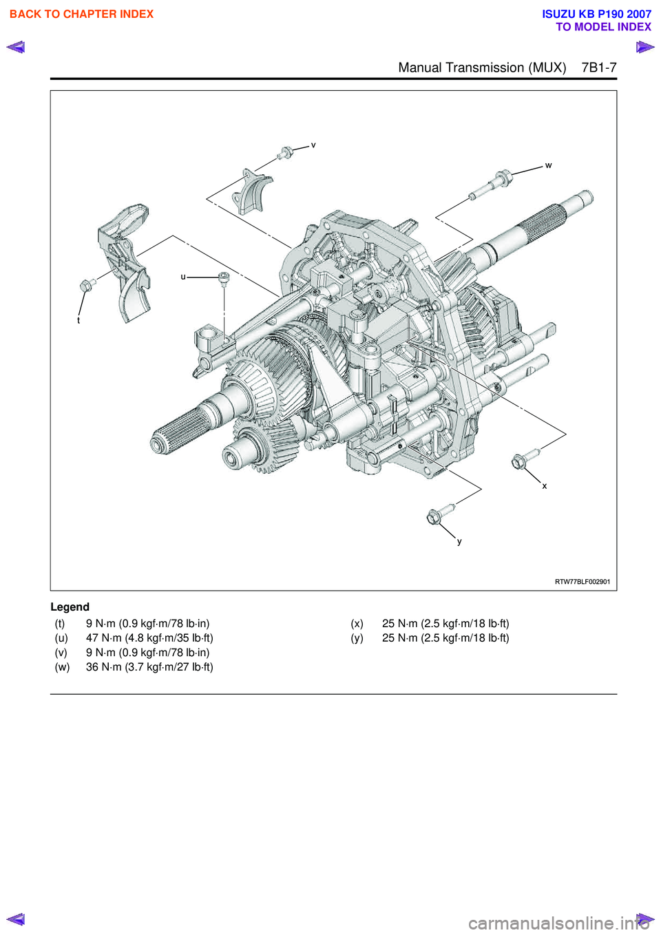 ISUZU KB P190 2007  Workshop Repair Manual  Manual Transmission (MUX)    7B1-7
Legend
 
RTW77BLF002901
t
u
v
w
y
x
(t) 9 N⋅m (0.9 kgf ⋅m/78 lb ⋅in)
(u) 47 N ⋅m (4.8 kgf ⋅m/35 lb ⋅ft)
(v) 9 N ⋅m (0.9 kgf ⋅m/78 lb ⋅in)
(w) 36 N