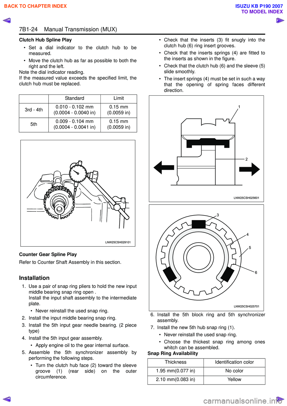 ISUZU KB P190 2007 Workshop Repair Manual 7B1-24 Manual Transmission (MUX)
Clutch Hub Spline Play• Set a dial indicator to the clutch hub to be measured.
• Move the clutch hub as far as possible to both the right and the left.
Note th ISUZU KB P190 2007 Workshop Repair Manual 7B1-24 Manual Transmission (MUX)
Clutch Hub Spline Play• Set a dial indicator to the clutch hub to be measured.
• Move the clutch hub as far as possible to both the right and the left.
Note th
