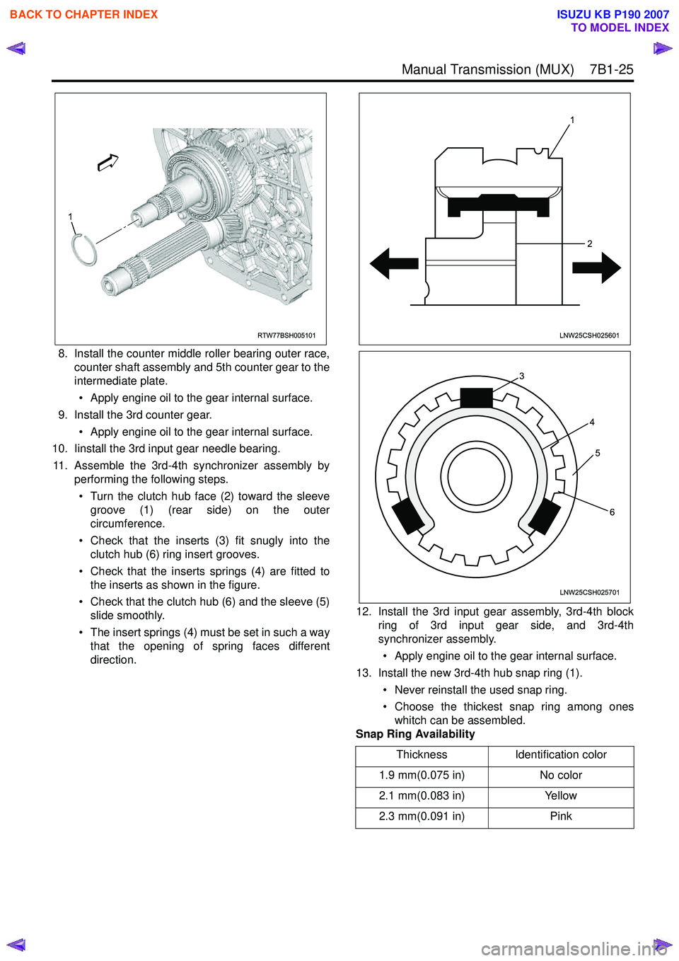 ISUZU KB P190 2007 Workshop Repair Manual Manual Transmission (MUX) 7B1-25
8. Install the counter middle roller bearing outer race,counter shaft assembly and 5th counter gear to the
intermediate plate.
• Apply engine oil to the gear in ISUZU KB P190 2007 Workshop Repair Manual Manual Transmission (MUX) 7B1-25
8. Install the counter middle roller bearing outer race,counter shaft assembly and 5th counter gear to the
intermediate plate.
• Apply engine oil to the gear in