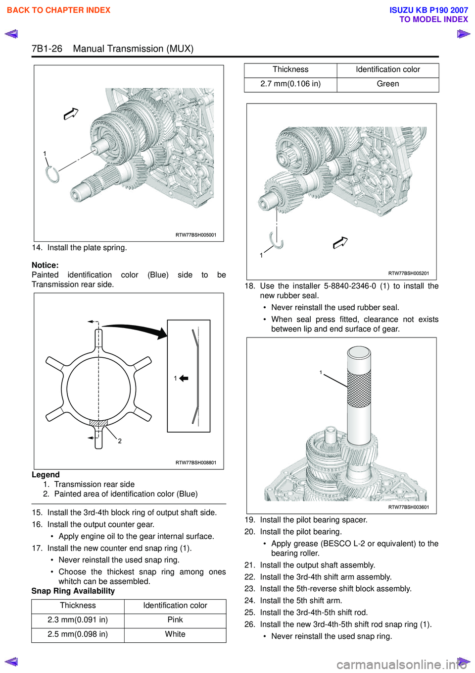 ISUZU KB P190 2007 Workshop Repair Manual 7B1-26 Manual Transmission (MUX)
14. Install the plate spring.
Notice:
Painted identification color (Blue) side to be
Transmission rear side.
Legend 1. Transmission rear side
2. Painted area of ISUZU KB P190 2007 Workshop Repair Manual 7B1-26 Manual Transmission (MUX)
14. Install the plate spring.
Notice:
Painted identification color (Blue) side to be
Transmission rear side.
Legend 1. Transmission rear side
2. Painted area of