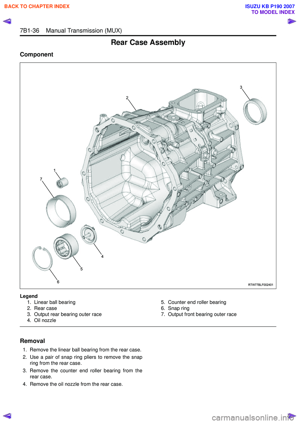 ISUZU KB P190 2007  Workshop Repair Manual 7B1-36    Manual Transmission (MUX) 
Rear Case Assembly
Component
Legend1. Linear ball bearing 
2. Rear case
3. Output rear bearing outer race
4. Oil nozzle 5. Counter end roller bearing
6. Snap ring
