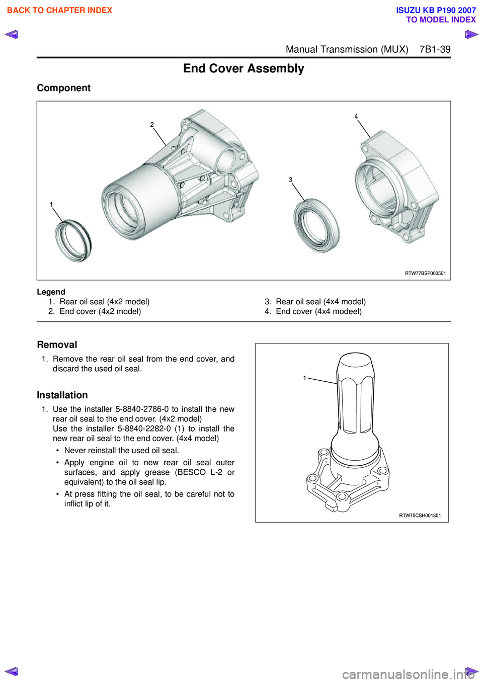ISUZU KB P190 2007  Workshop Repair Manual  Manual Transmission (MUX)    7B1-39
End Cover Assembly
Component
Legend1. Rear oil seal (4x2 model) 
2. End cover (4x2 model) 3. Rear oil seal (4x4 model)
4. End cover (4x4 modeel)
 
Removal
1. Remov