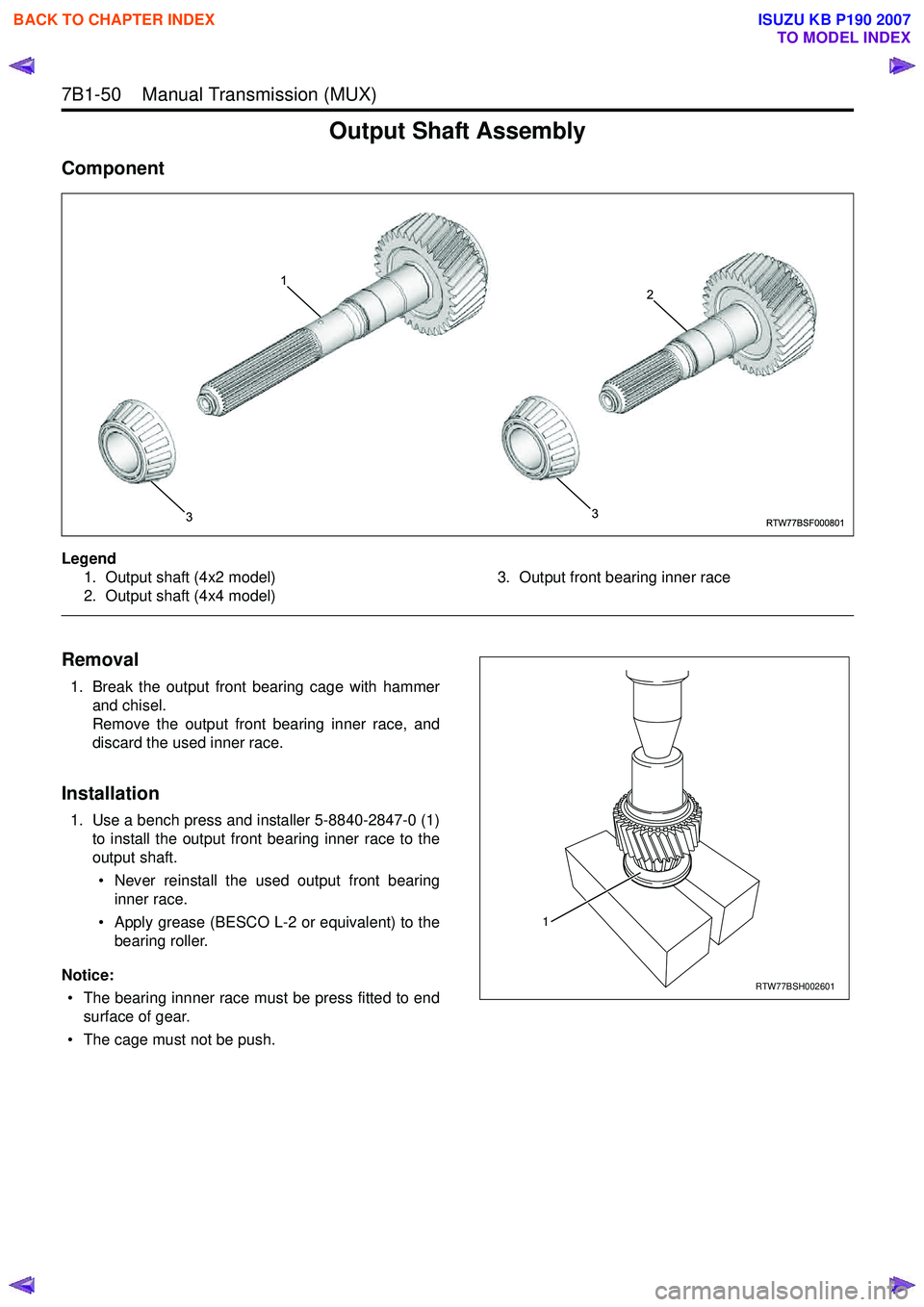 ISUZU KB P190 2007  Workshop Repair Manual 7B1-50    Manual Transmission (MUX) 
Output Shaft Assembly
Component
Legend1. Output shaft (4x2 model) 
2. Output shaft (4x4 model) 3. Output front bearing inner race
 
Removal
1. Break the output fro