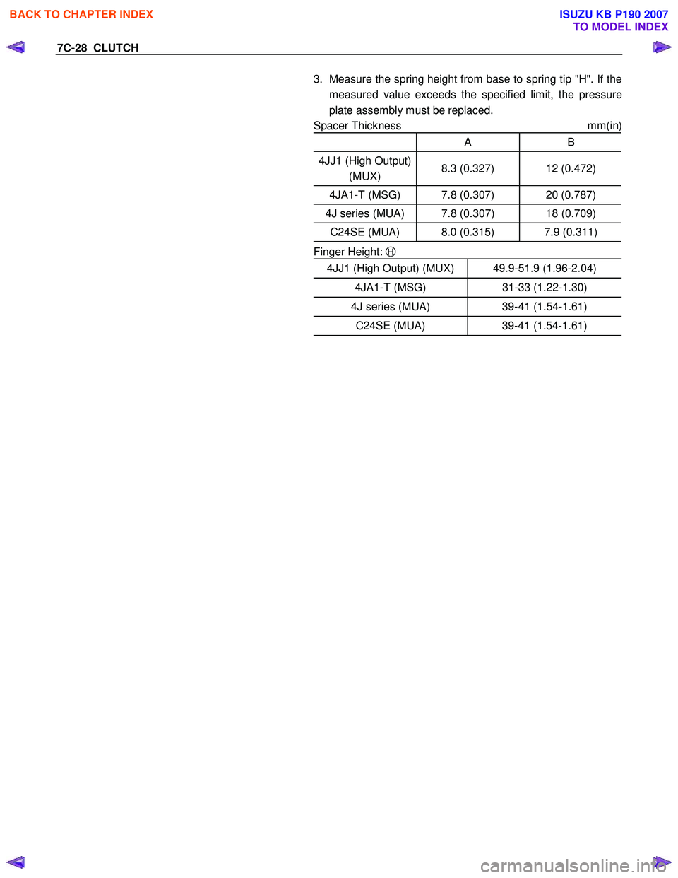 ISUZU KB P190 2007  Workshop Repair Manual 7C-28  CLUTCH 
  
3.  Measure the spring height from base to spring tip "H". If the 
measured value exceeds the specified limit, the pressure  
plate assembly must be replaced. 
Spacer Thickness  mm(i